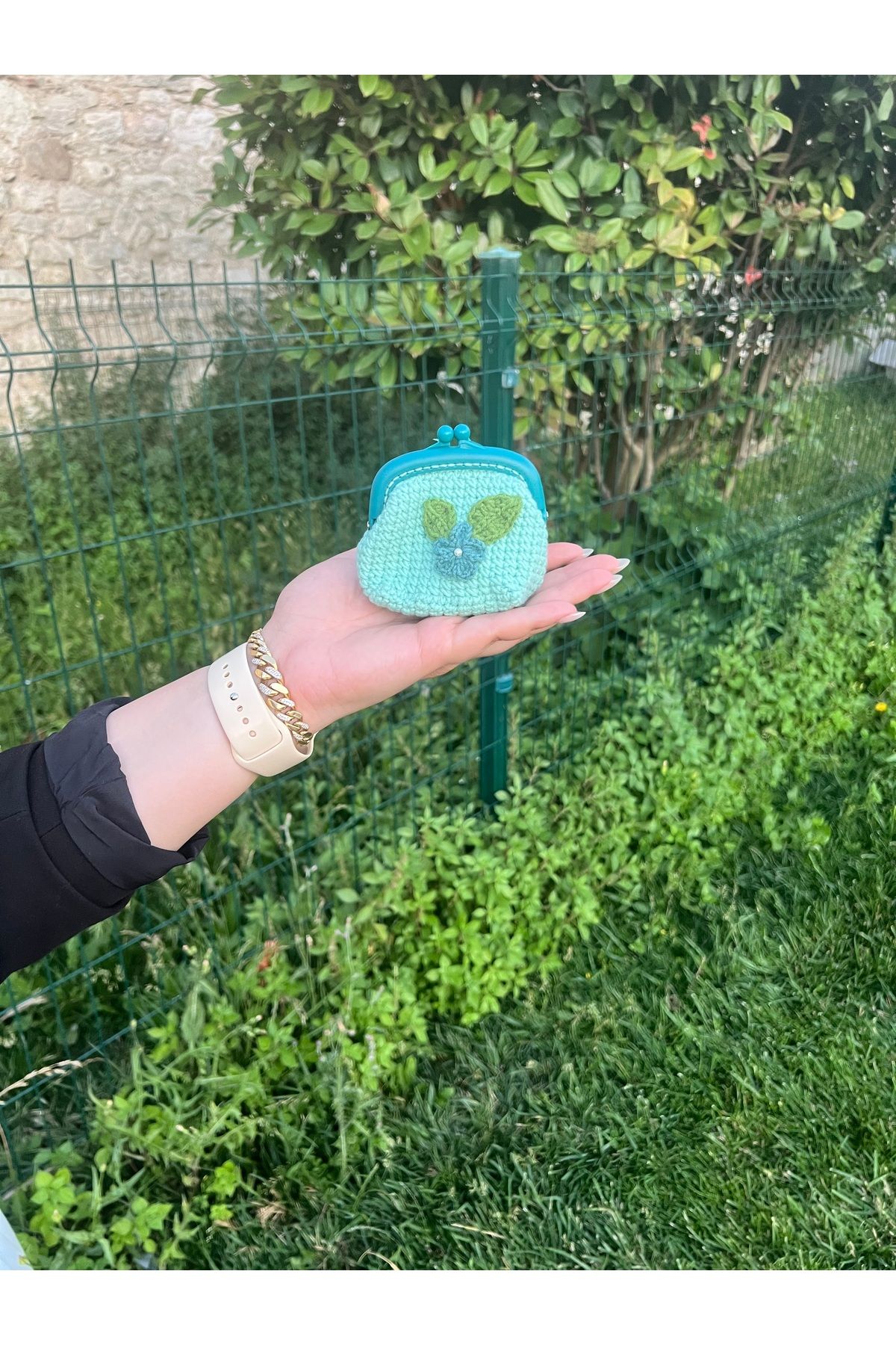 GÖKÇEBUTİKS El Örgüsü Su Yeşili Rengi Mini Cüzdan