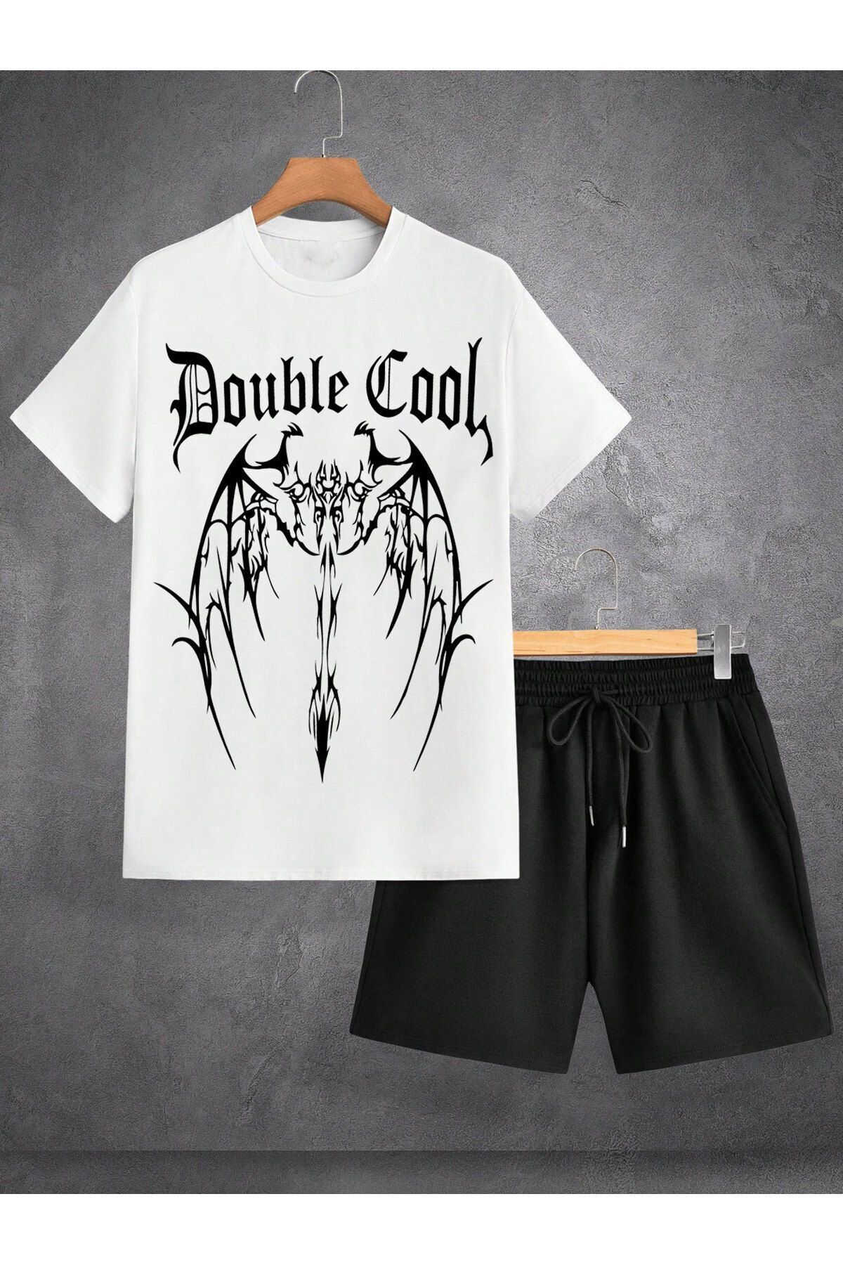 Boi Double Cool Kanat T-Shirt Şort - Beyaz Siyah Şortlu Tişört Alt Üst Takım Baskılı Bisiklet Yaka