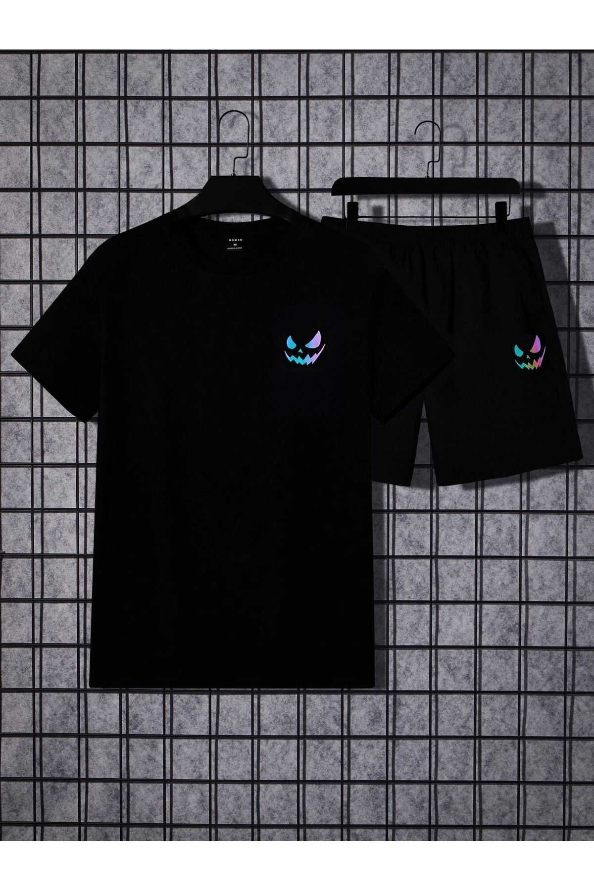 Boi Renkli Surat T-Shirt Şort Kombin Takım - Siyah Baskılı Oversize Bisiklet Yaka
