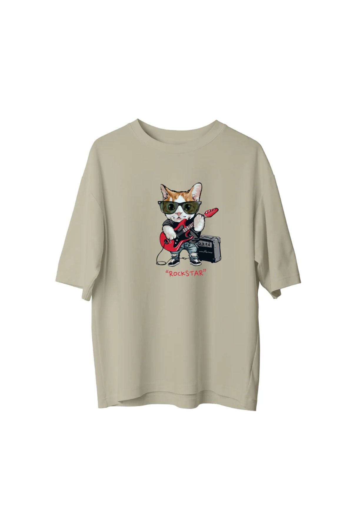 Koklonmoda Unisex Gitarist Kedi Baskılı Oversize T-Shirt