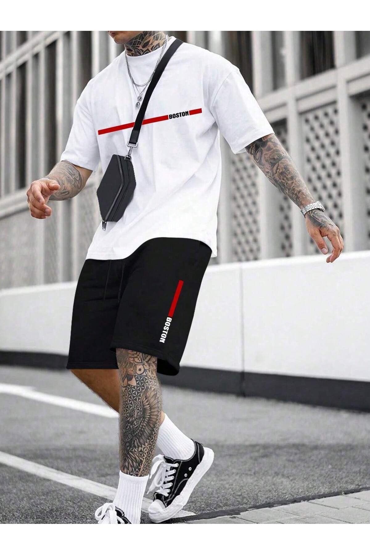 Boi Çizgi Boston T-Shirt Şort - Beyaz Siyah Şortlu Tişört Alt Üst Takım Baskılı Bisiklet Yaka