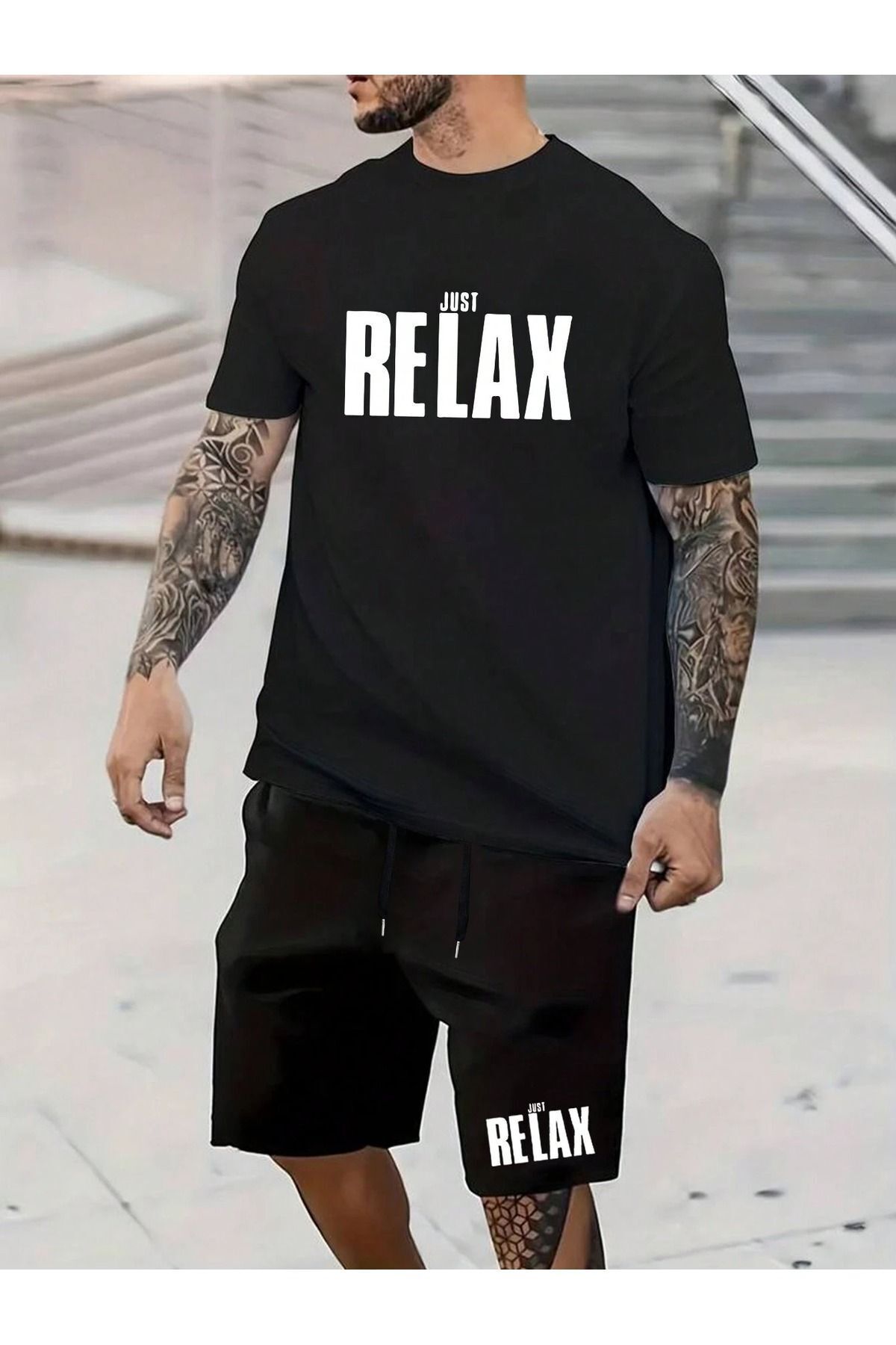Boi Just Relax T-Shirt Şort - Siyah Şortlu Tişört Alt Üst Takım Baskılı Bisiklet Yaka