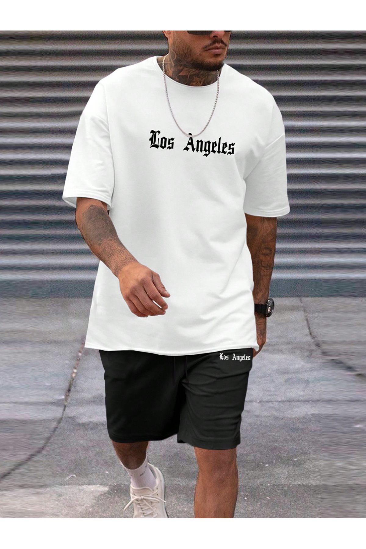 Boi Los Angeles Minimal T-Shirt Şort - Beyaz Siyah Şortlu Tişört Alt Üst Takım Baskılı Bisiklet Yaka