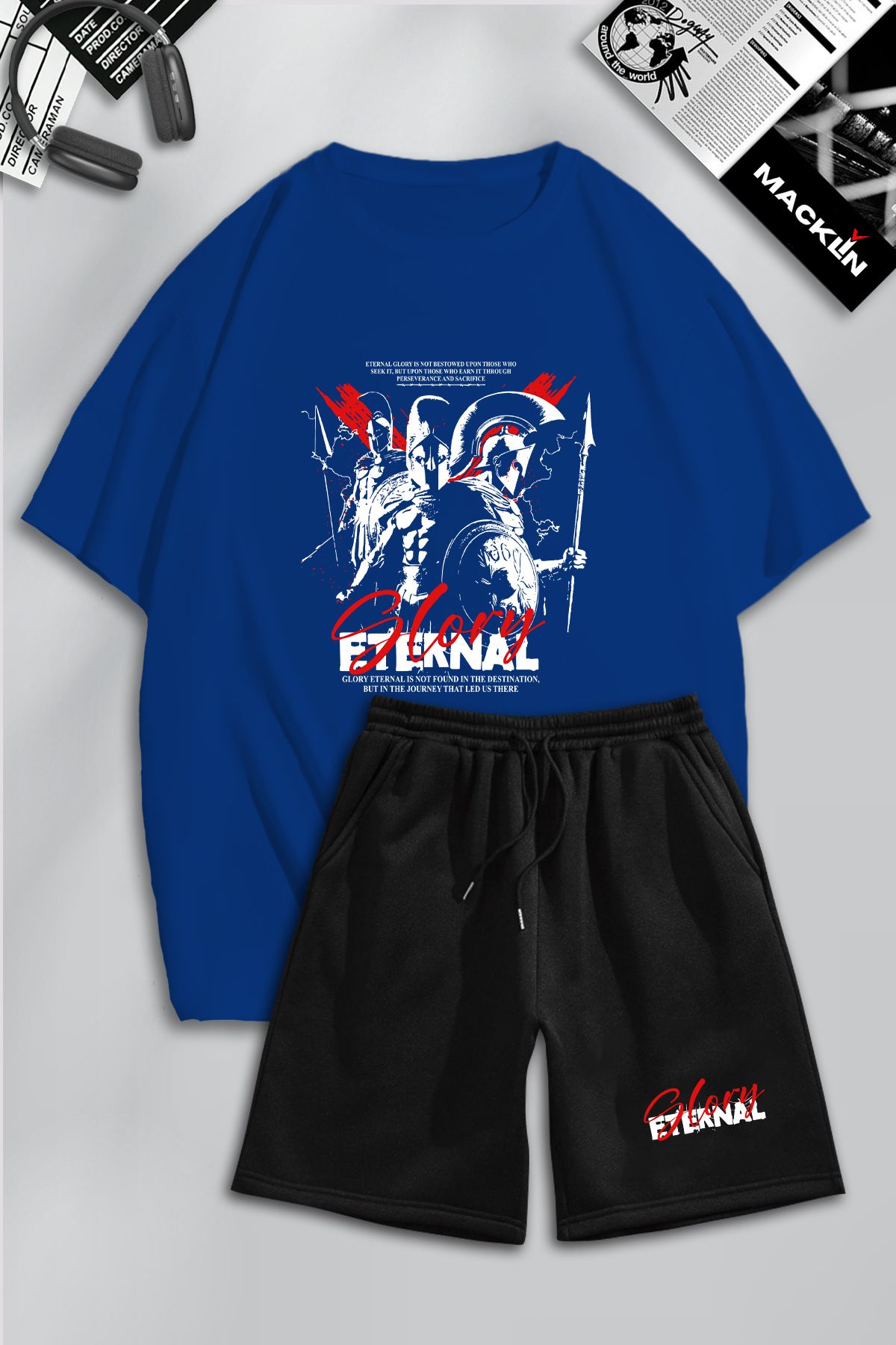 Boi Sax Mavi SiyahEternal Glory T-Shirt Şort Kombin Takım - Baskılı Oversize Bisiklet Yaka