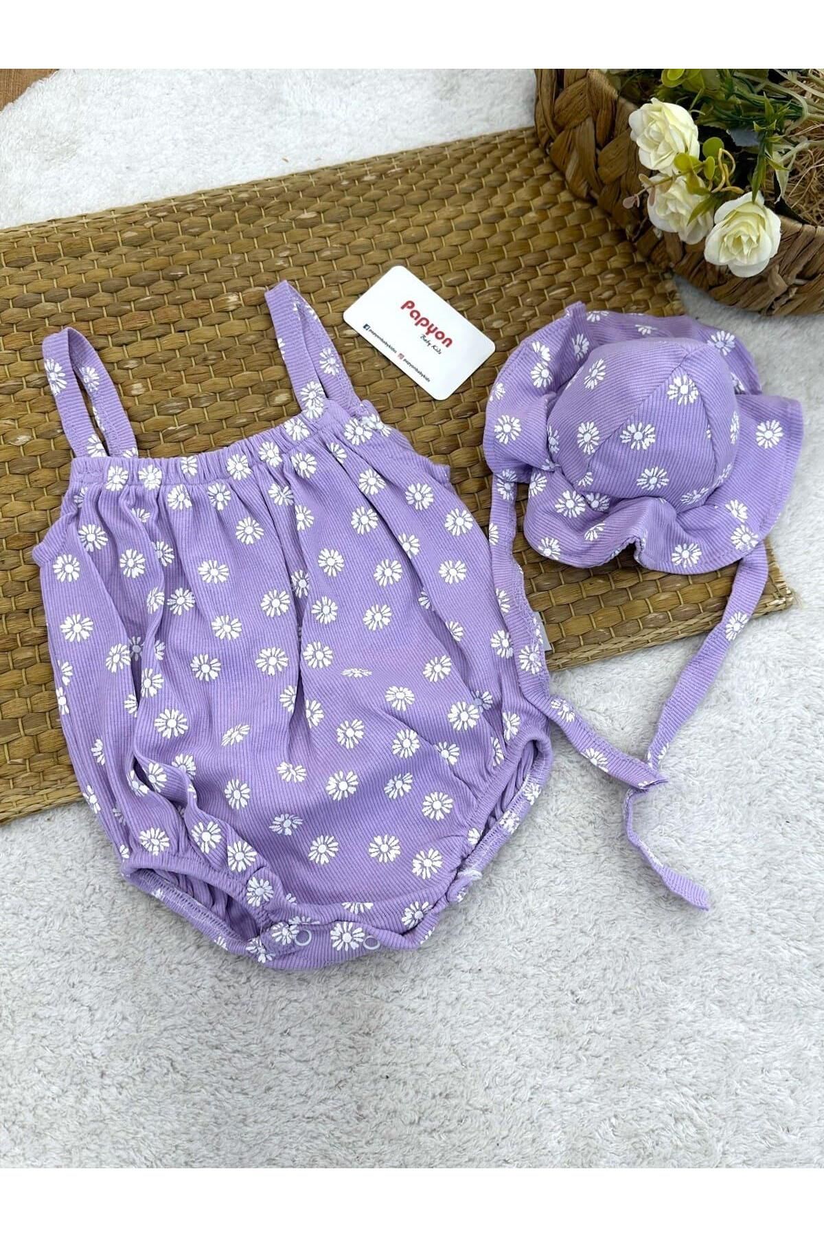 Papyon Baby Kids Papatya Baskılı Fitilli İp Askılı Kız Bebek Şapkalı Badi (0-3/3-6/6-9/9-12 Ay)
