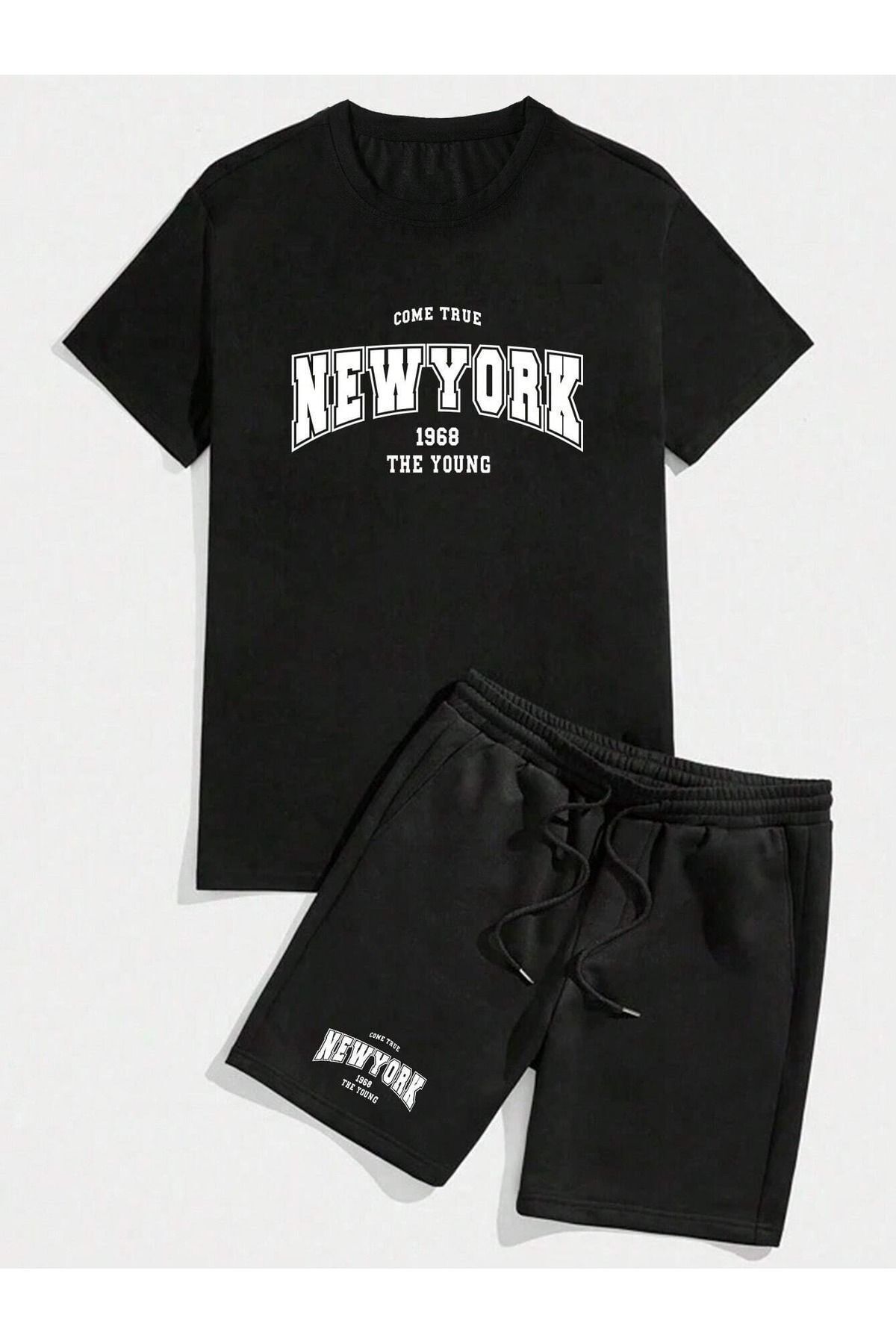 Boi New York 1969 T-Shirt Şort Kombin Takım 2 Parça - Siyah Baskılı Oversize Bisiklet Yaka