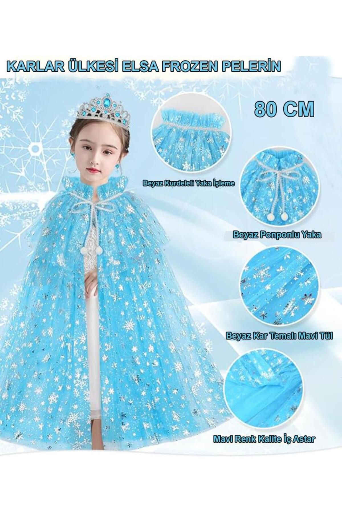 NW NessiWorld Nessiworld Karlar Ülkesi Elsa Frozen Mavi Pelerin – 80 cm Kar Desenli Çocuk Pelerini ( Taç Hariç )