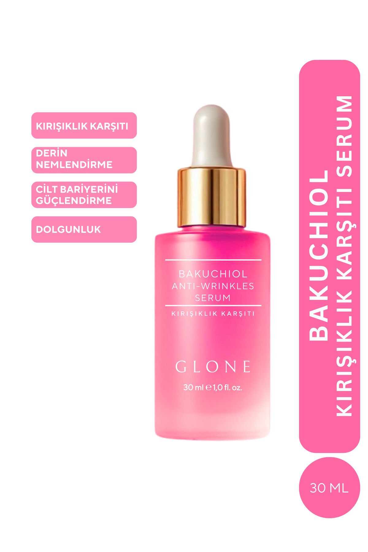 GLONE Bakuchiol Kırışıklık Karşıtı Serum I Doğal Retinol Alternatifi, Hyaluronik & Centella Gücü 30ml