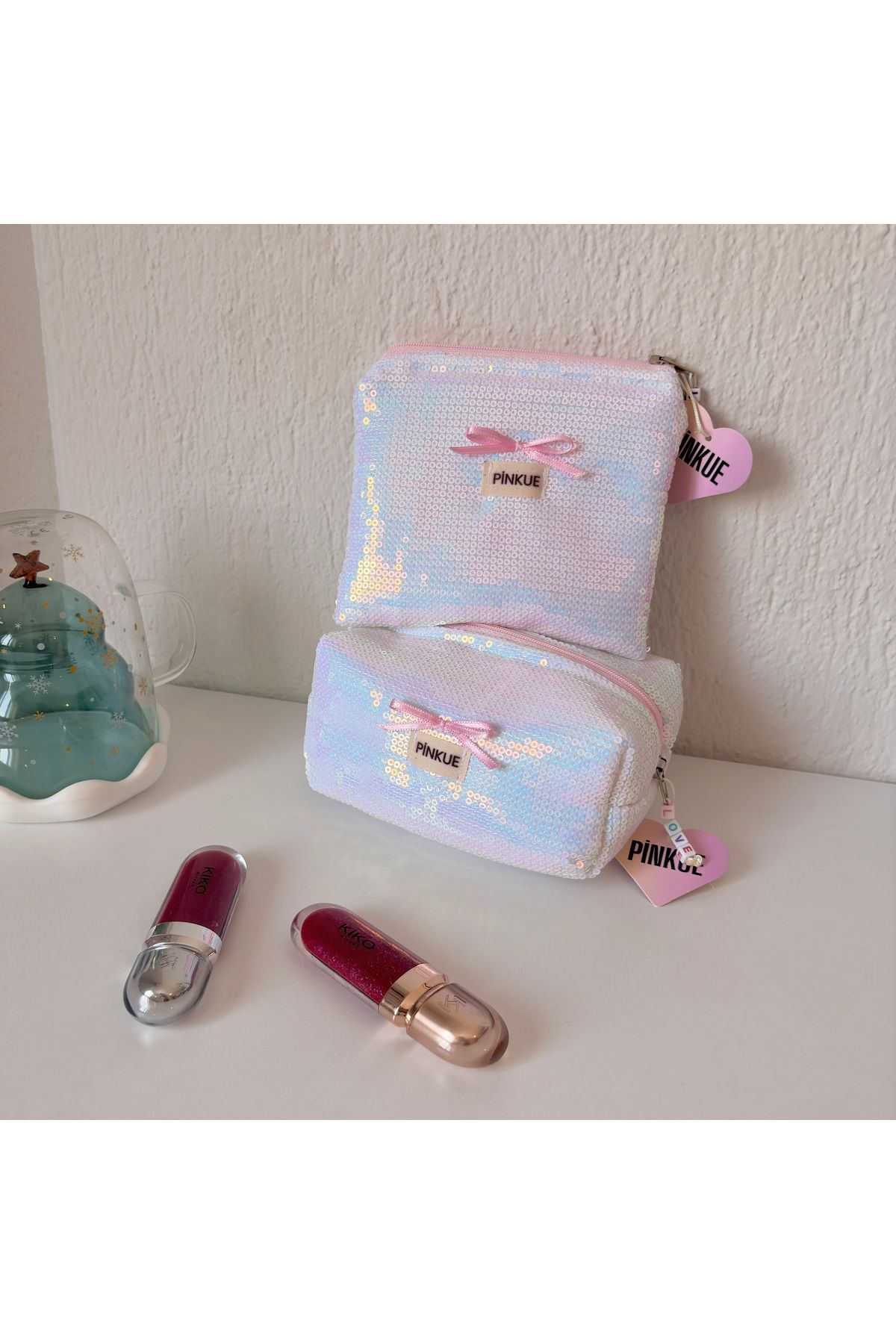 PİNKUE Pullu Mini Makyaj Çantası & Cüzdan İkili Set