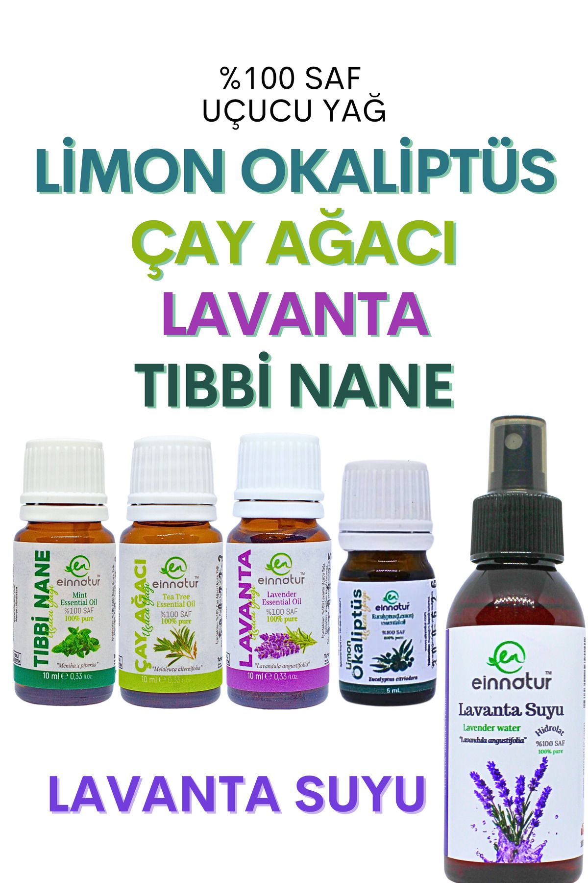 EinNatur Limon okaliptüs, lavanta, tıbbi nane, çay ağacı uçucu yağı, lavanta suyu koruyucu set