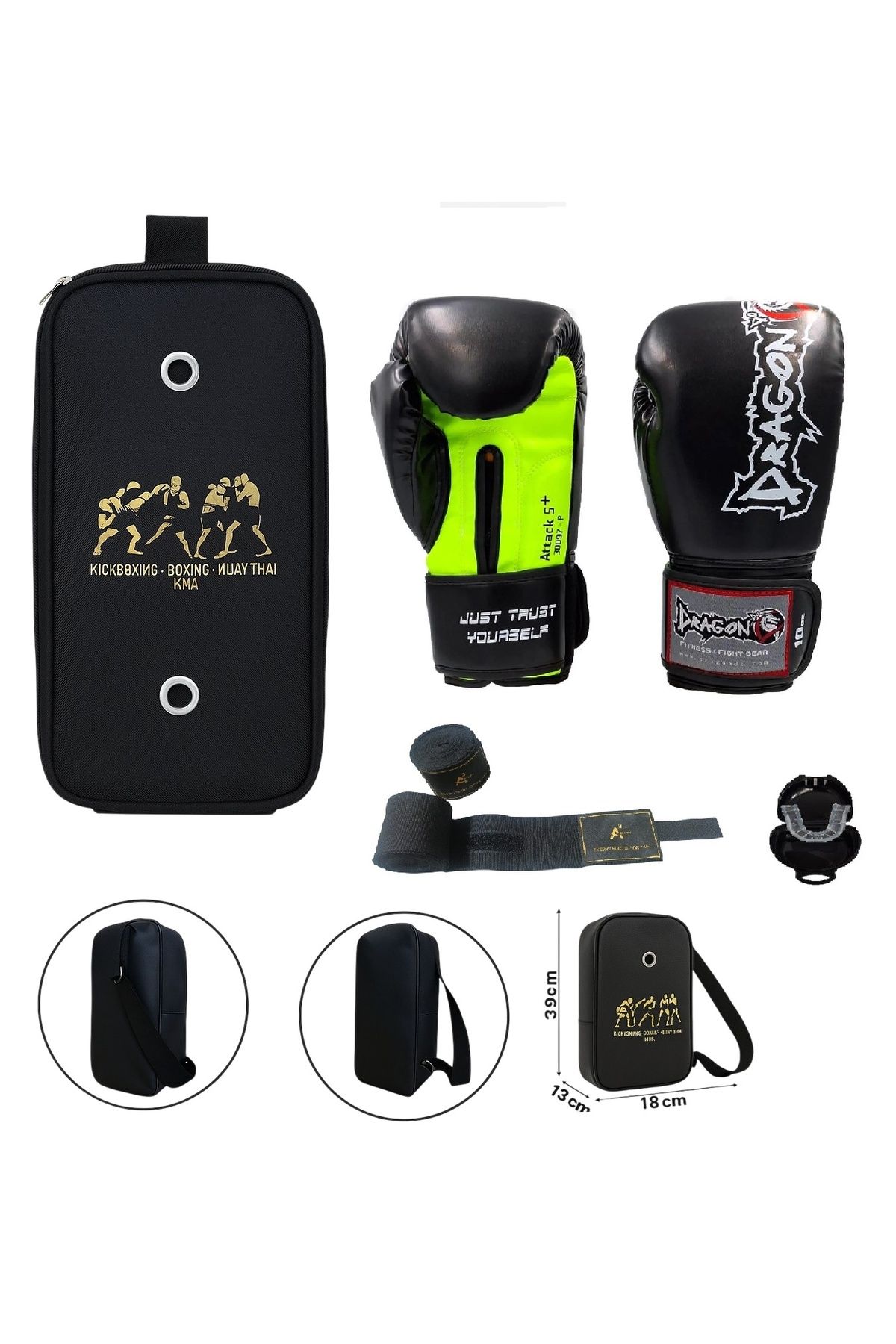 Dragondo Attack 5 + Boks Eldiveni Kick Boks Muay Thai Eldiveni 3'lü Set ve Eldiven Taşıma Çantalı