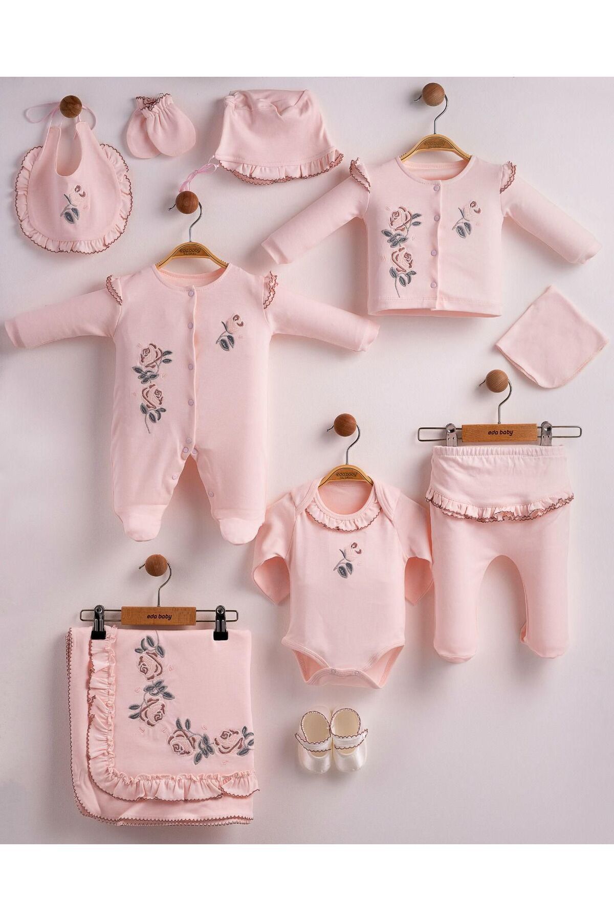 yuga kids Gül Nakışlı Kroşetalı 10'lu Kız Bebek Hastane Çıkışı Pembe