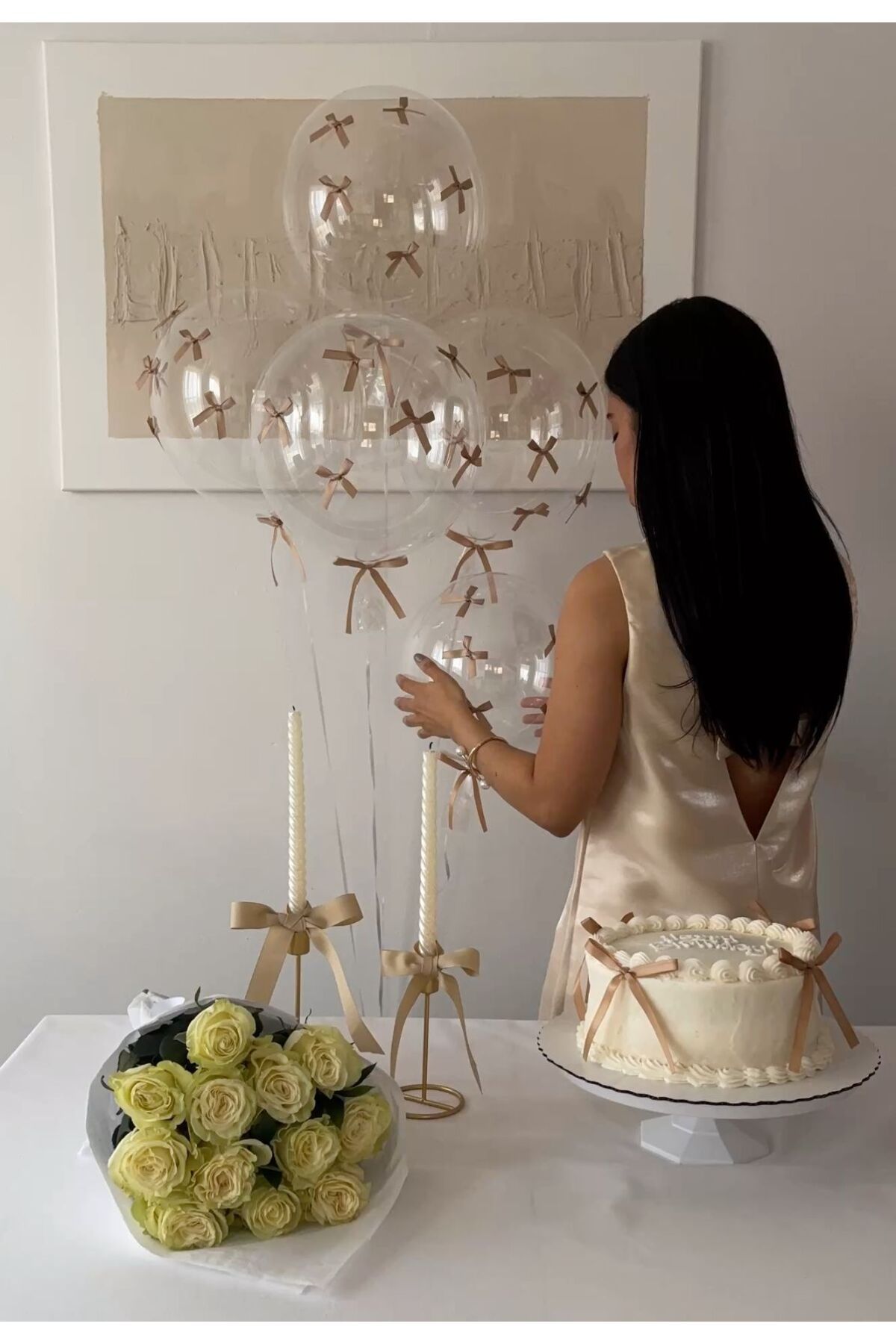 PartyPoo Kum Beji Fiyonklu 3 Adet Şeffaf Bobo Balon 18 İnç Parti Düğün Nikah Süsü Doğum Günü Dekorasyon