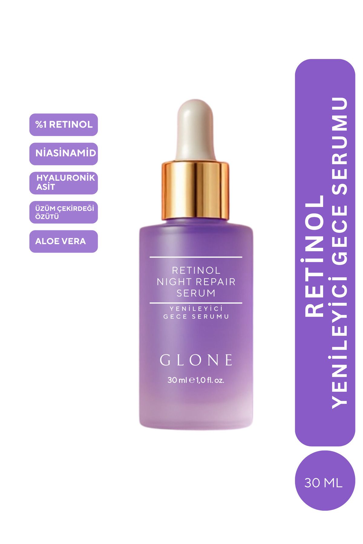GLONE Retinol Yenileyici Gece Serumu 30ml | Retinol, Niacinamide & Hyaluronik Asit İçeren Anti-Aging Serum