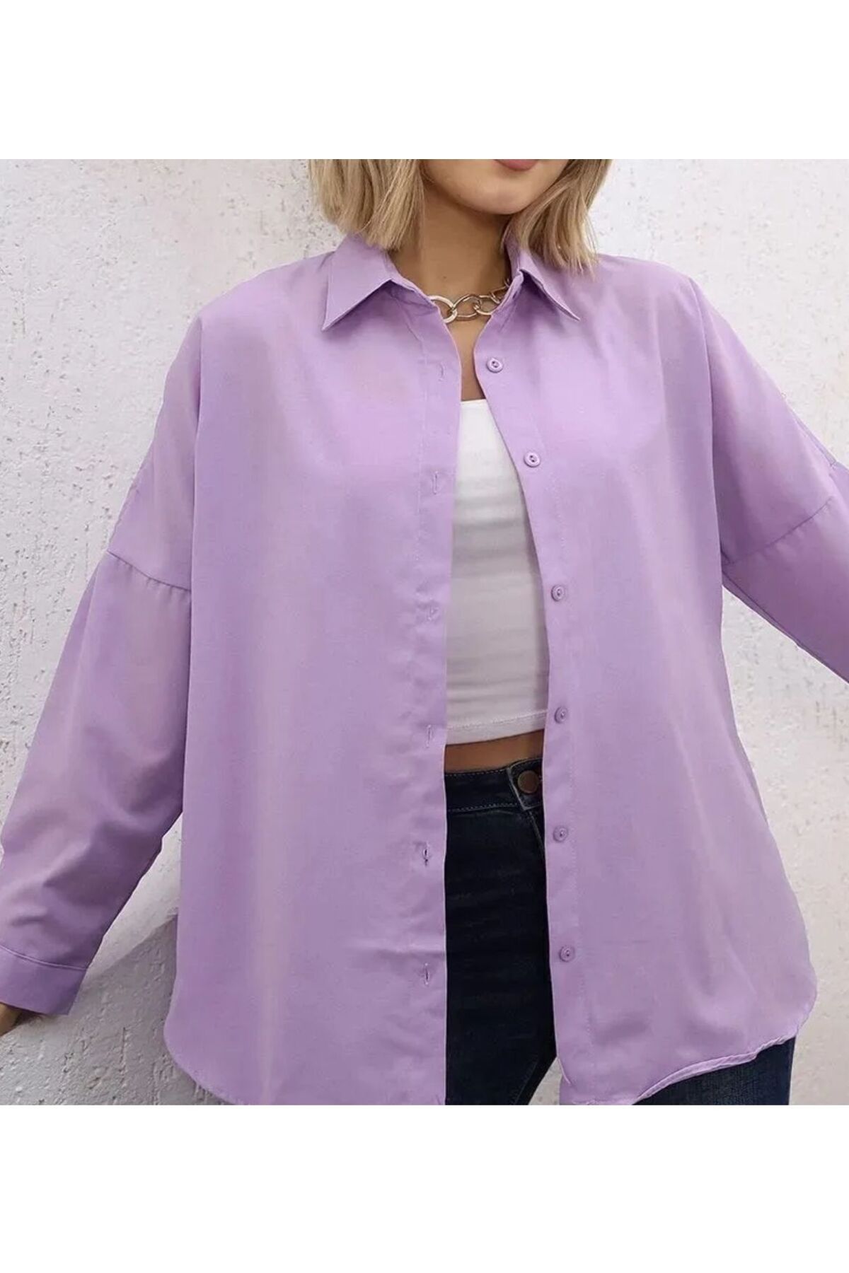 Style Geniş Kalıp Oversize Pamuk Keten Gömlek Lila