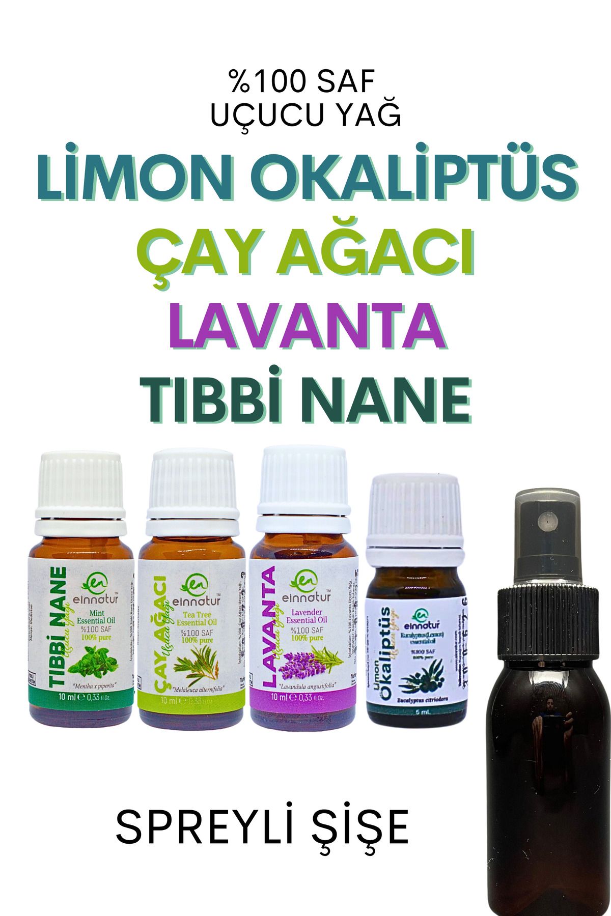 EinNatur Limon okaliptüs, lavanta, çay ağacı, tıbbi nane uçucu yağı, Doğal sinek ve kene kovucu set