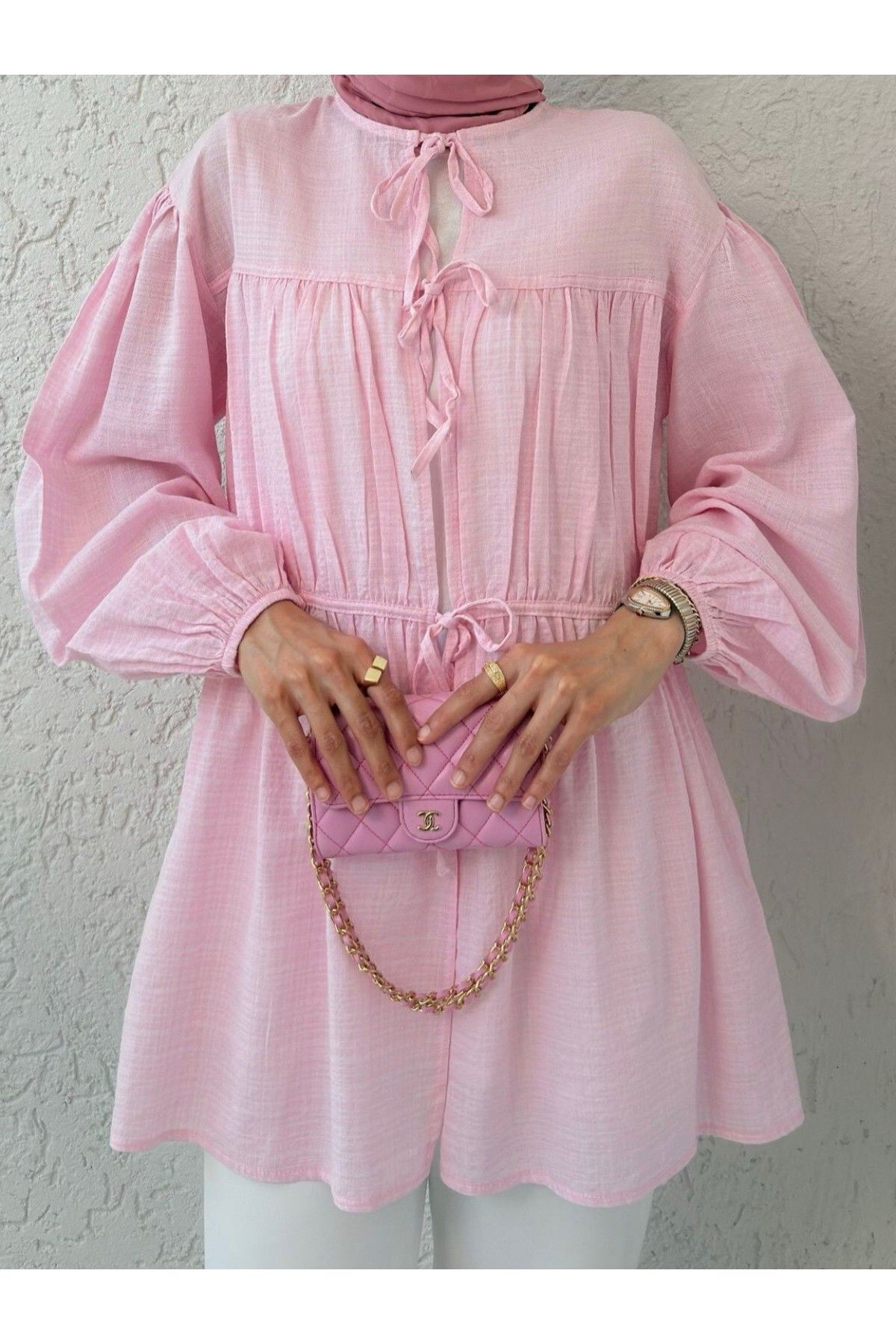 Modamorfo Önü Bağlamalı Kolları Lastikli Gömlek -Pembe