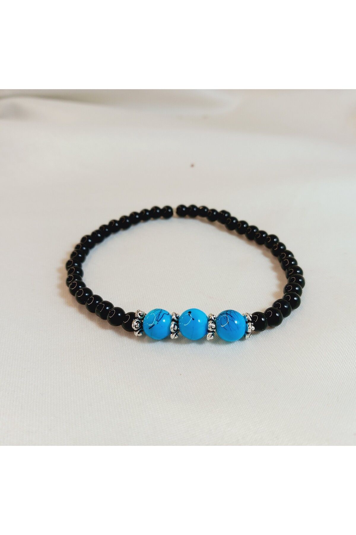 Crystal Atelier Sertifikalı Turkuaz Firuze Doğaltaş Bileklik-Firuze Turkuaz Taşlı Siyah Cam İncili Unisex Bileklik