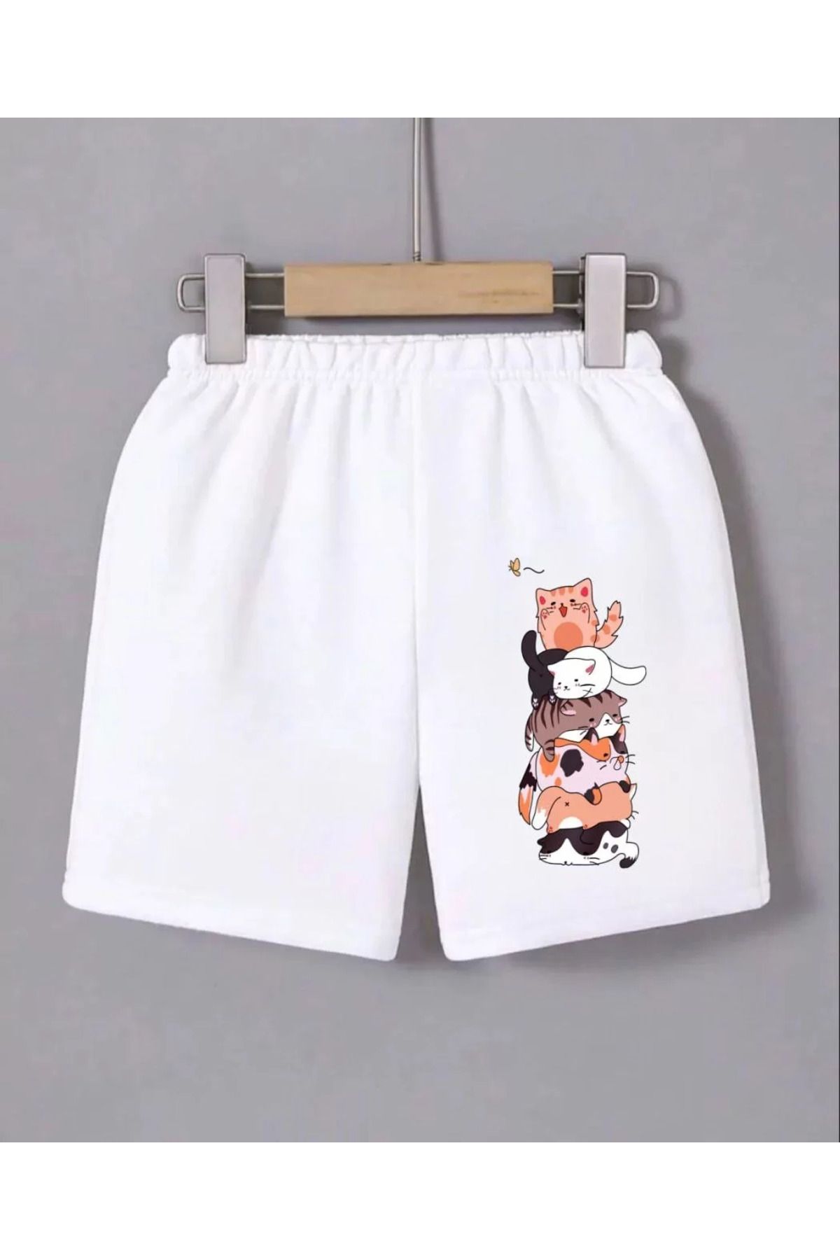 FantaziAtölyesi Kadın Beli Lastikli Baskılı Mini Şort - Beyaz