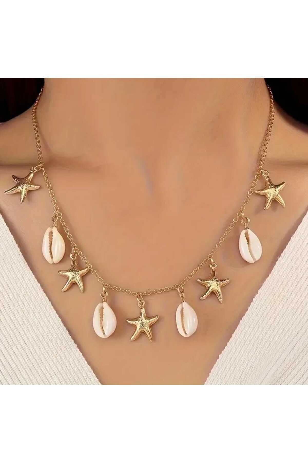 beynaaksesuar Gold Kaplamalı Deniz Yıldızı ve İstiridye Kabuğu Zincir Kolye