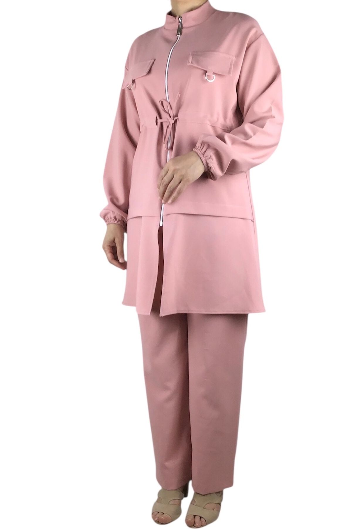 ECE GİYİM KADIN TUNİK ÖNÜ FERMUARLI İPLİ KOLU LASTİKLİ PANTOLON BELİ LASTİKLİ TAKIM