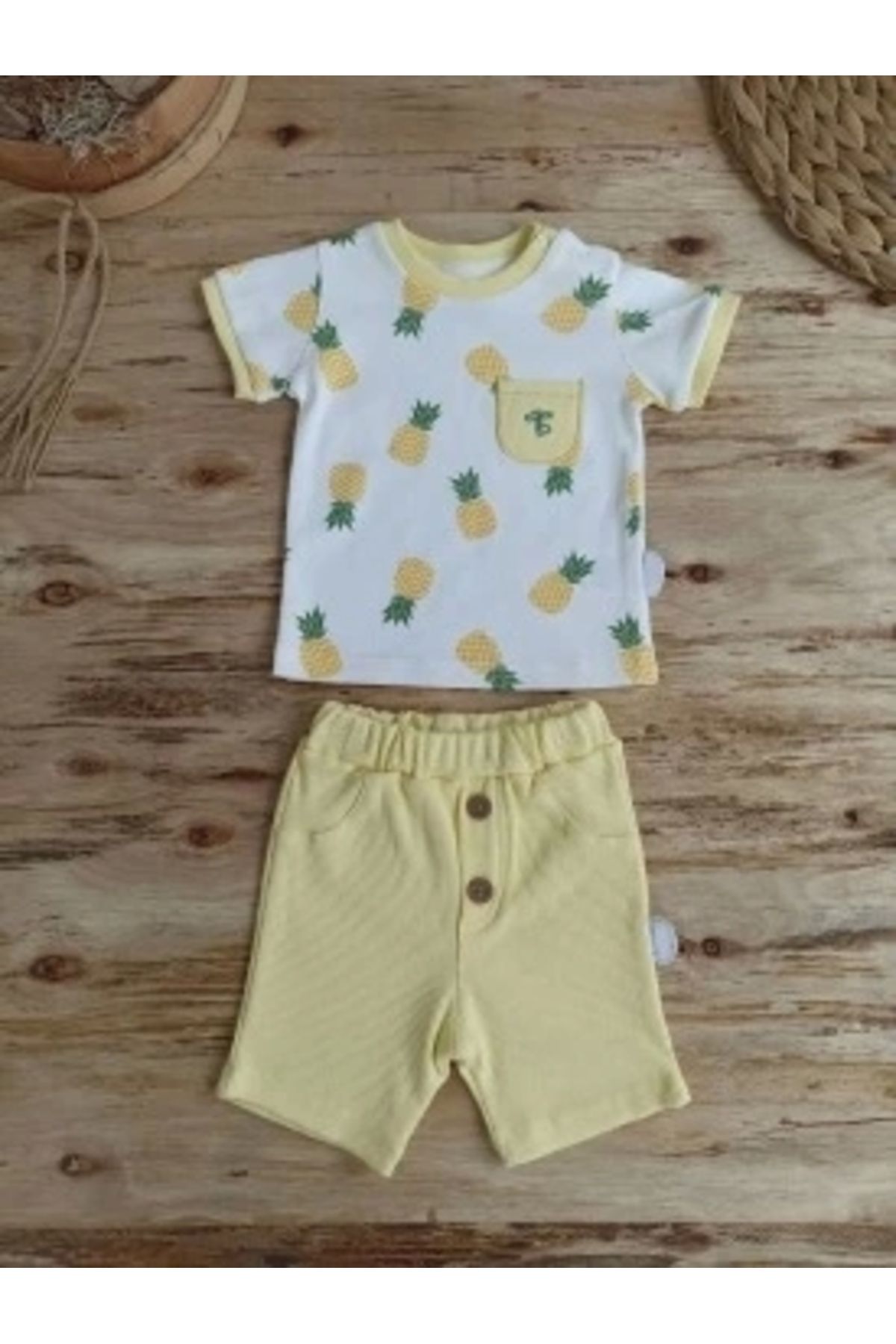 Diji Baby 3-6 6-9 9-12 Ay Ananas Baskılı Şort Tişört 2 Li Kız Erkek Bebek Takımı