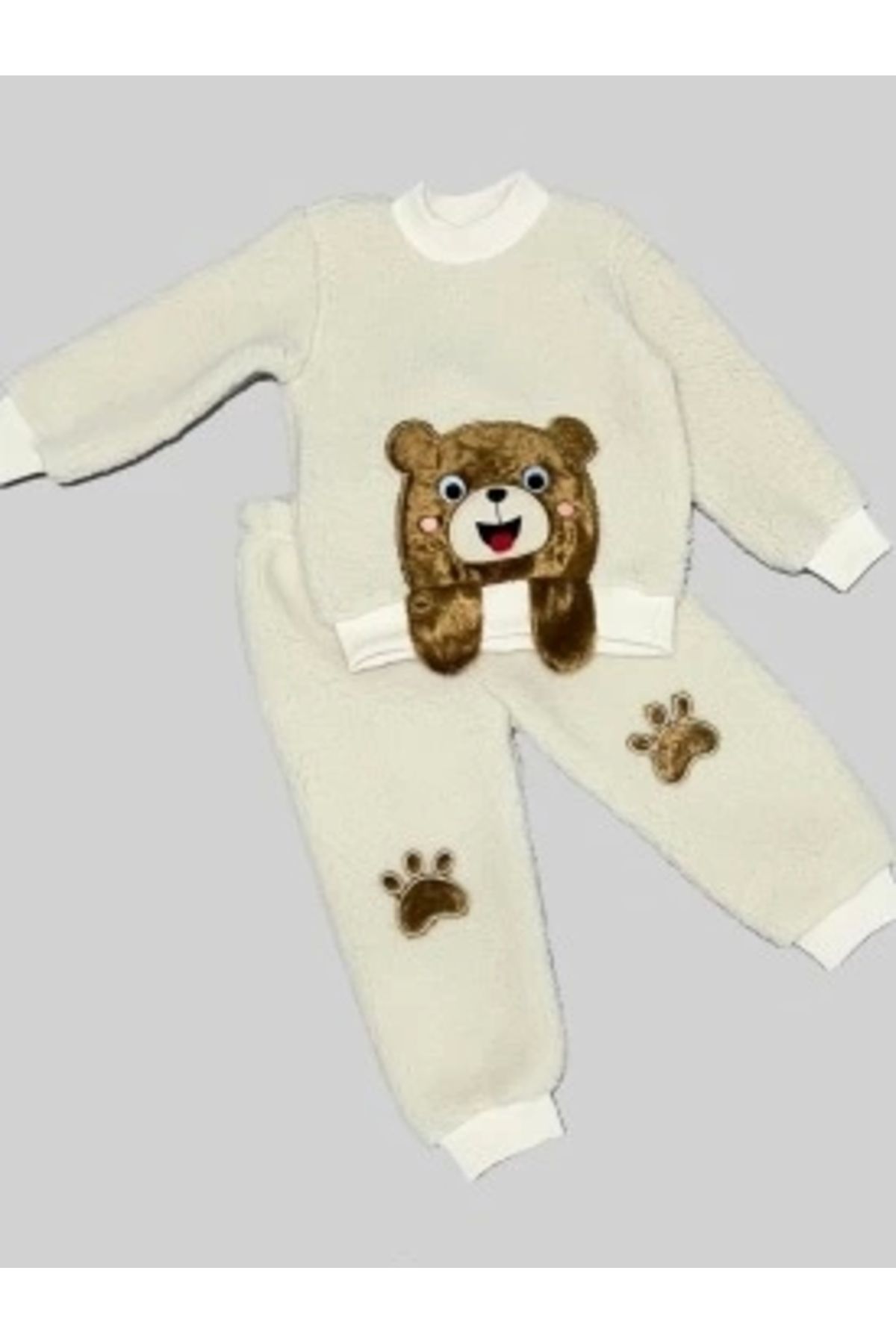 Diji Baby 1-2-3 Yaş Sallanan El Ayıcıklı Kuzu Kumaş Sweat Patili Pantolon Uzun Kollu Kız Erkek 2 Li Takımı