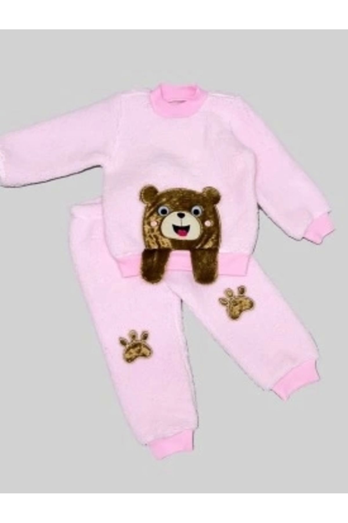 Diji Baby 1-2-3 Yaş Sallanan El Ayıcıklı Kuzu Kumaş Sweat Patili Pantolon Uzun Kollu Kız Erkek 2 Li Takımı