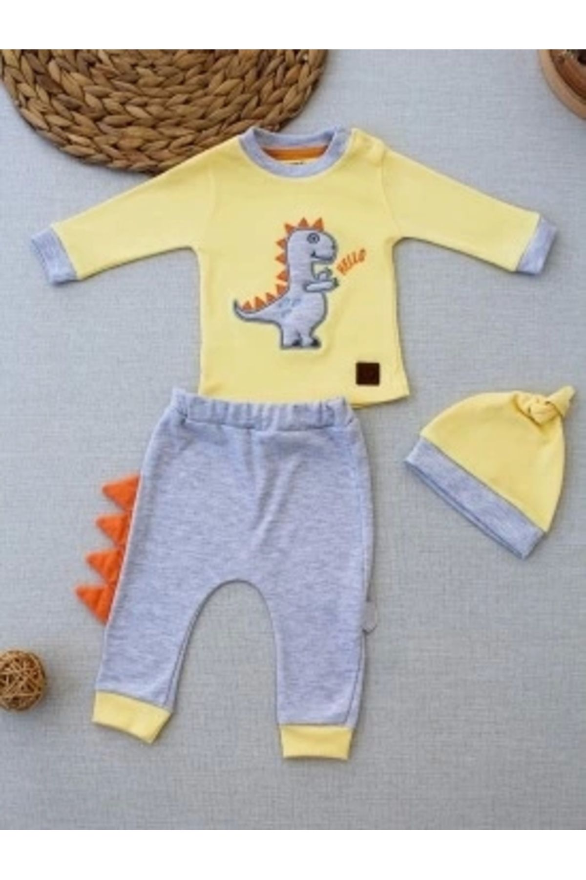Diji Baby 3-6 6-9 9-12 Ay Minik Dino Nakışlı Şapkalı Uzun Kollu Sweat 3lü Kız-erkek Bebek Takımı