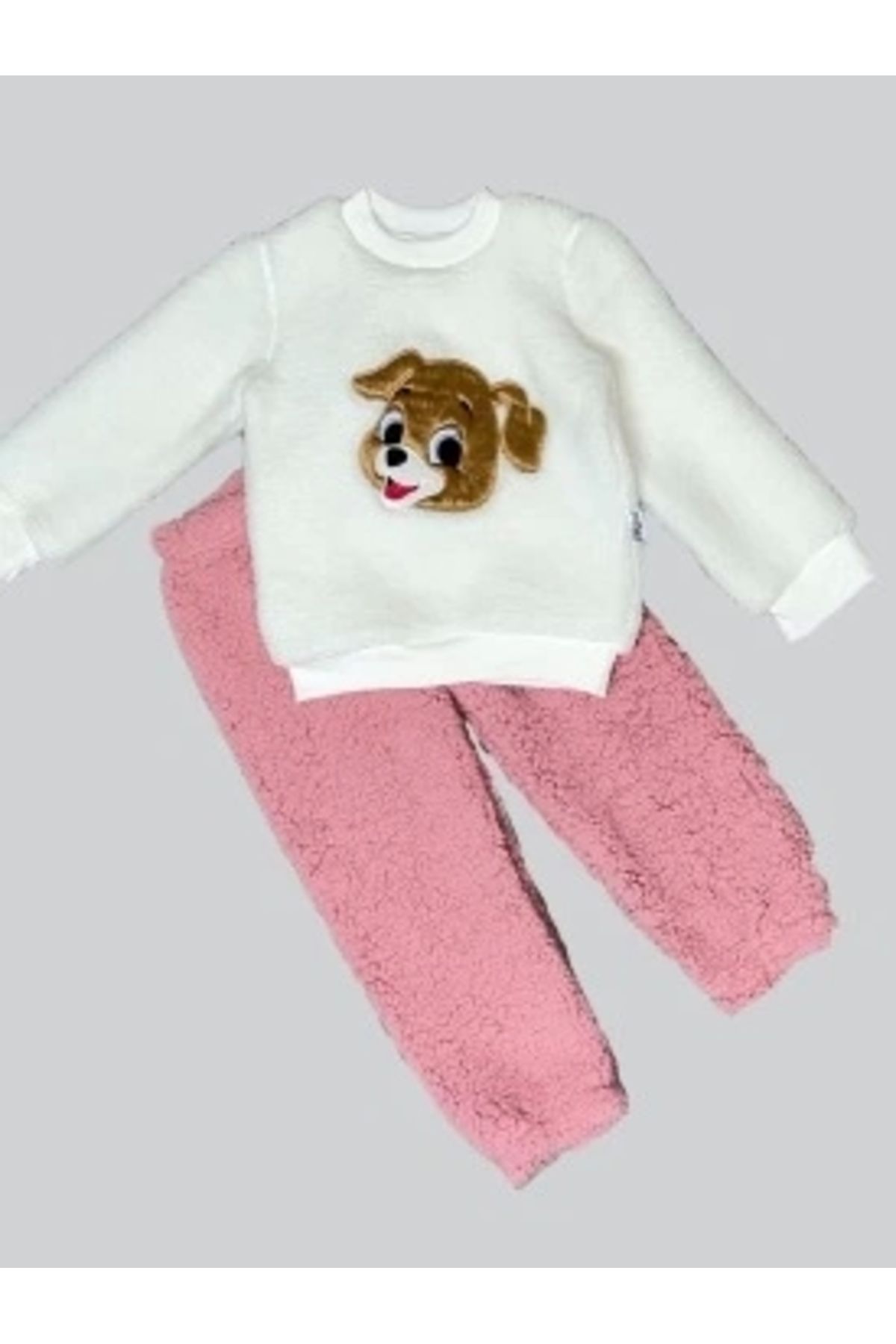 Diji Baby 1-2-3 Yaş Mutlu Köpekcik Nakışlı Kuzu Kumaş Sweat Patili Pantolon Uzun Kollu Kız Erkek 2 Li Takımı