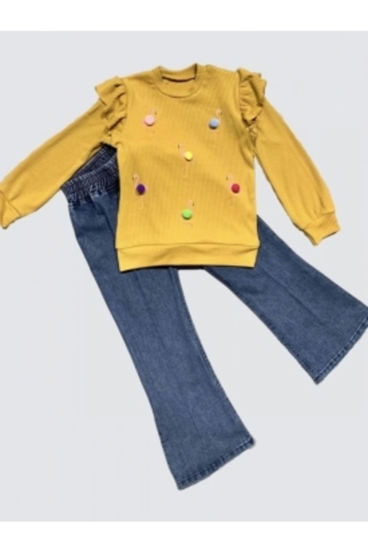 Diji Baby 4-5-6 Yaş Kot Pantolonlu Flamingo Desenli Penye Sweat Uzun Kollu 2li Kız Çocuk Takımı
