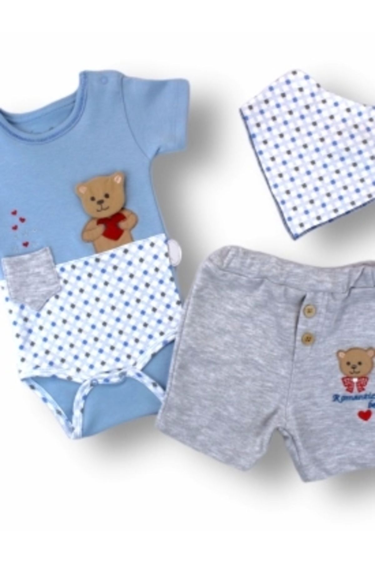 Diji Baby 3-6 6-9 9-12 12-18 Ay Romantik Ayıcık Nakışlı Bandajlı Kısa Kollu Zıbınlı 3lü Kız-erkek Bebek Takımı