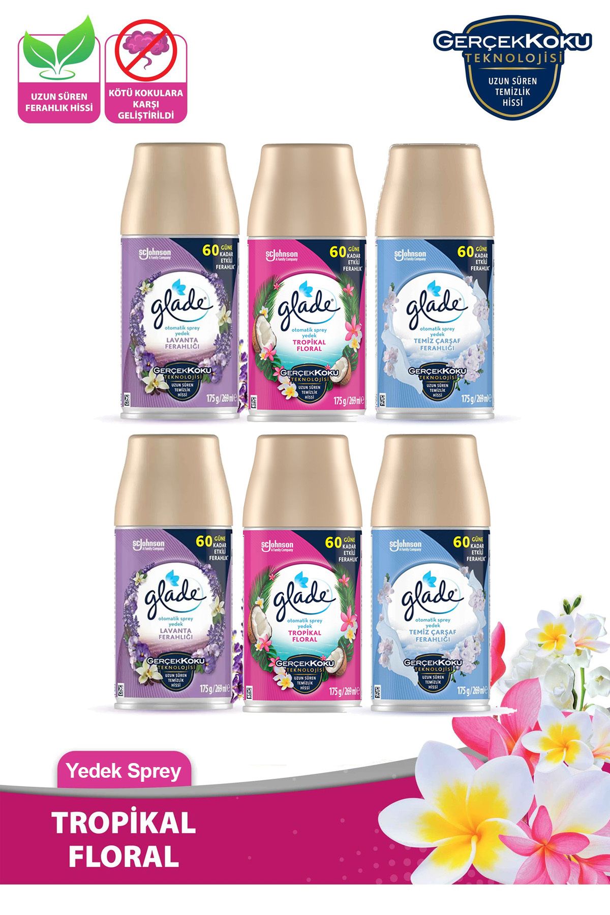 Glade Oda Kokusu Yedek Sprey Lavanta Tropikal Temiz Çarşaf 6 x 269 ml./175gr.