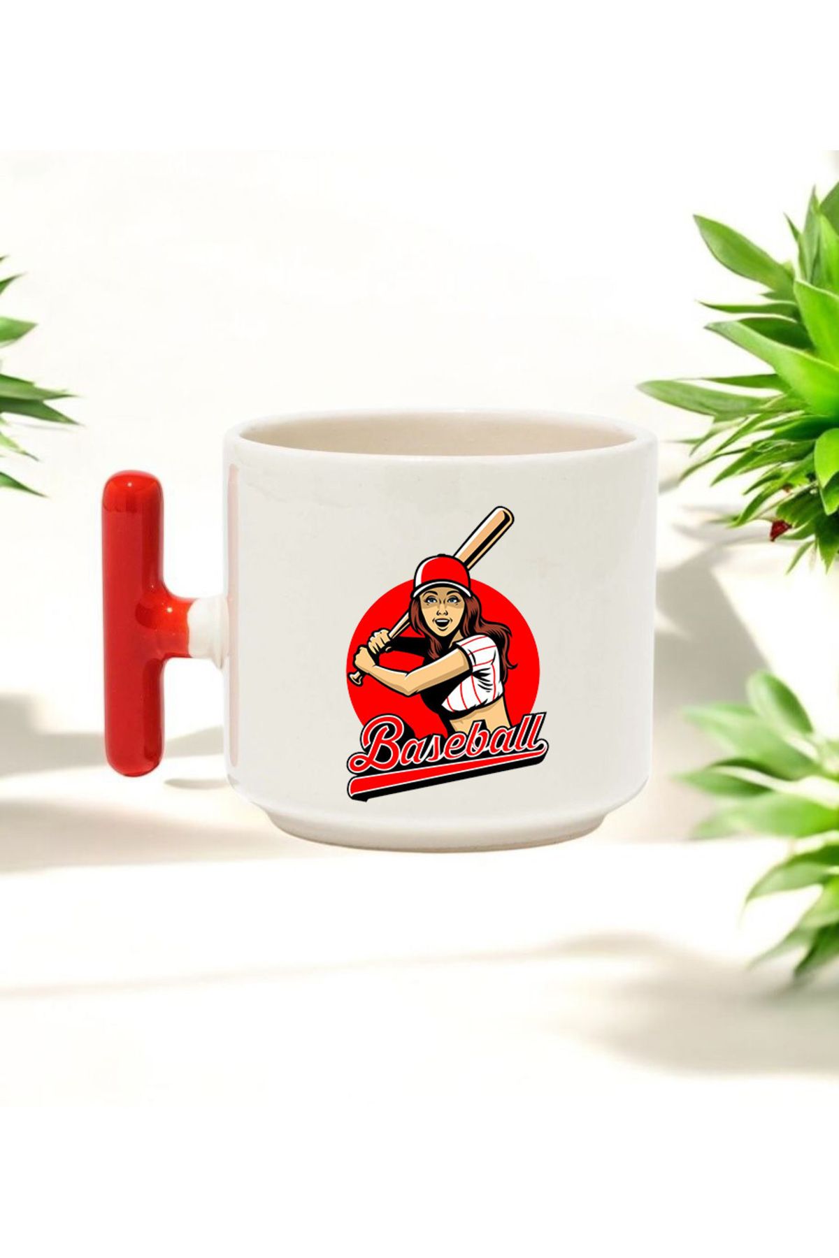 BB TRADE Kadın Baseball Tasarımlı Kırmızı T Kulplu Seramik Baskılı Kupa Bardak 250 ML