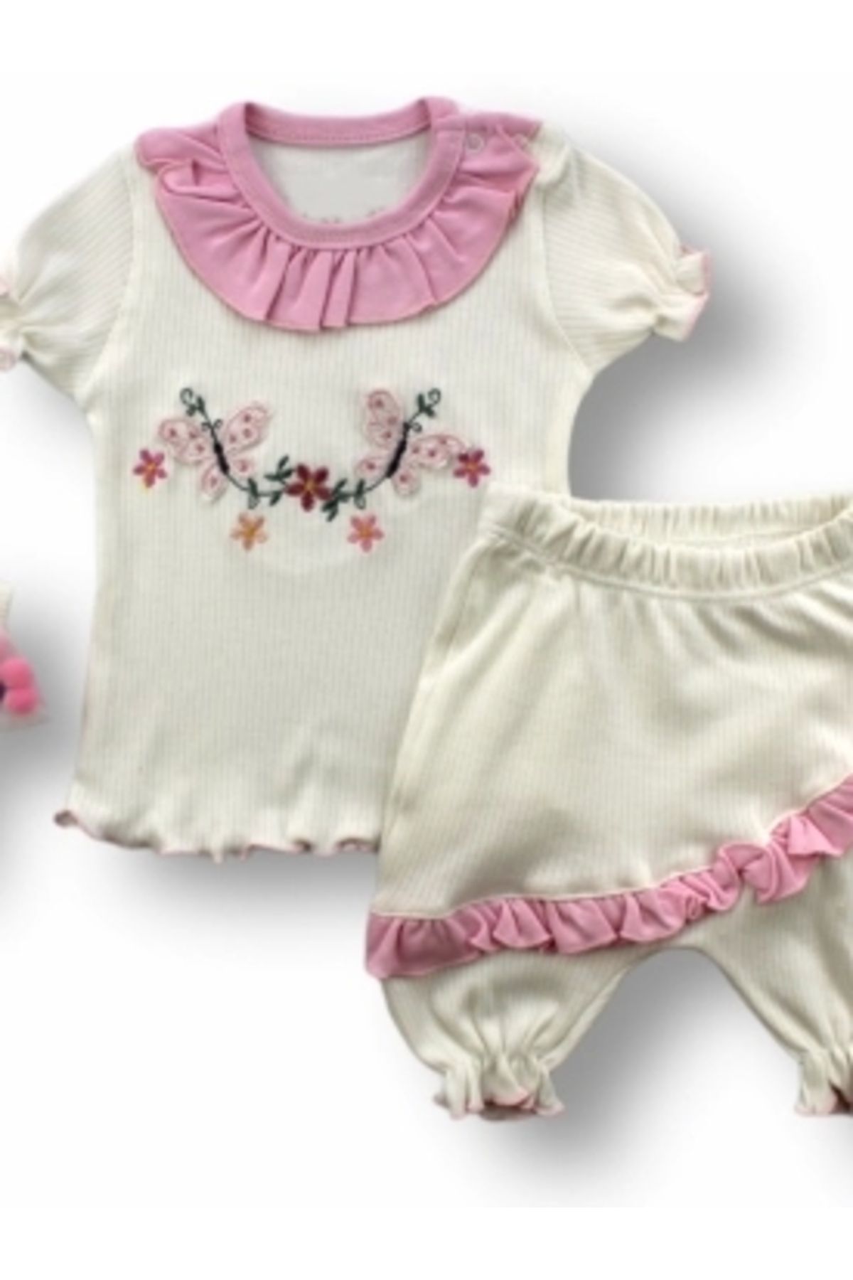 Diji Baby 6-9 9-12 12-18 Ay Çiçek Nakışlı Roman Şalvar Bandanalı Kısa Kollu Sweat 3lü Kız Bebek Takımı