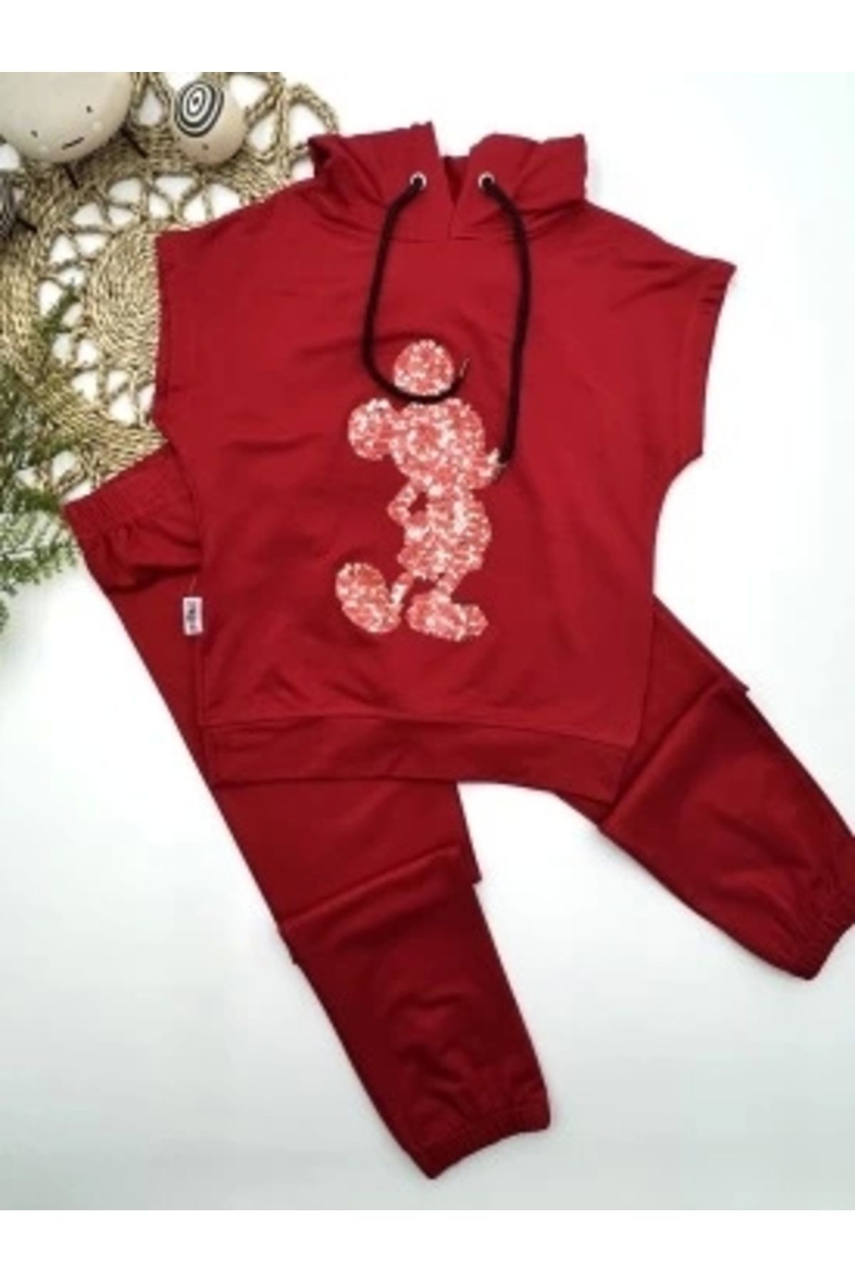 Diji Baby 3-4-5 Yaş Kapşonlu Payetli Mickey Desenli Kısa Kol 2li Kız Erkek Çocuk Takımı