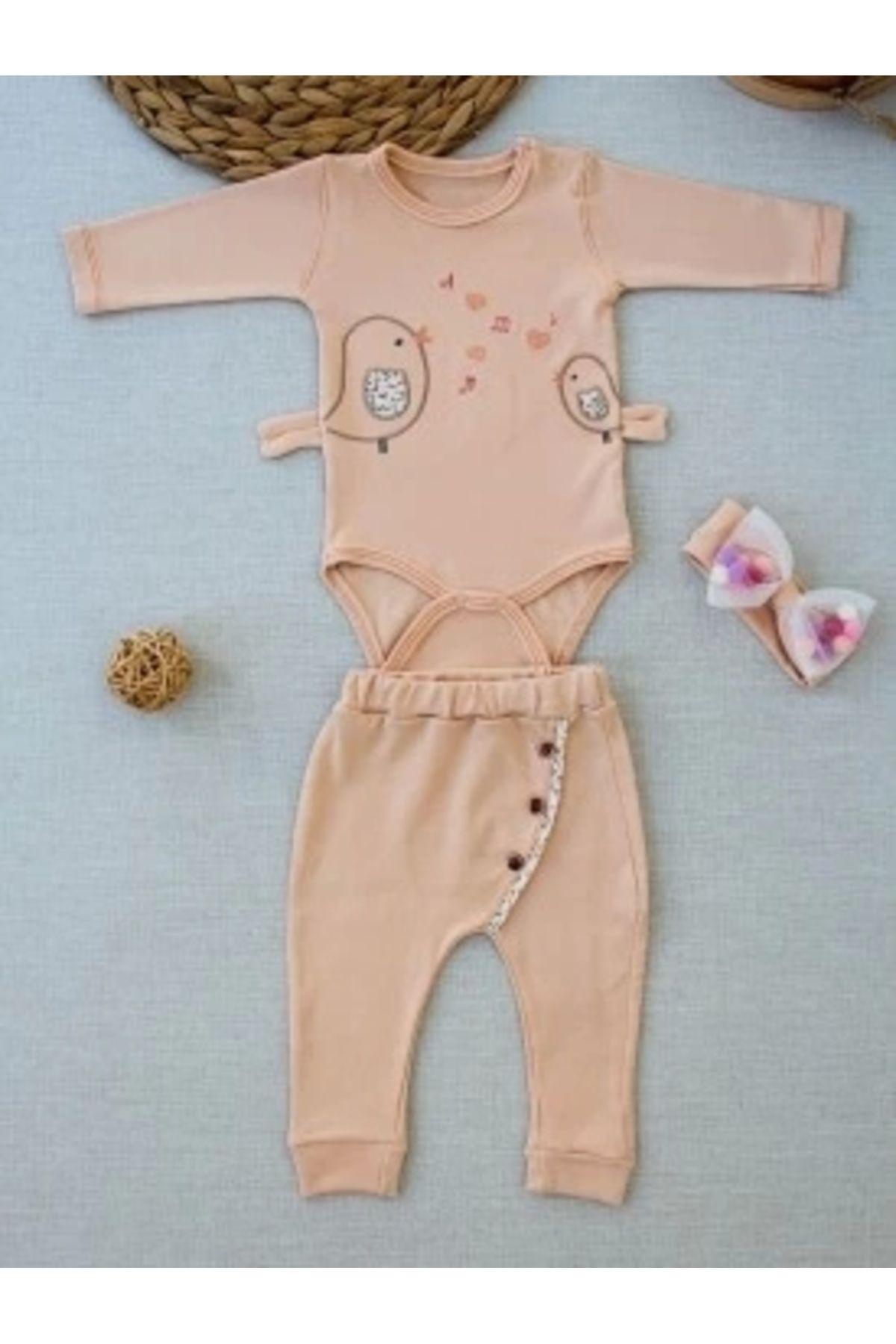 Diji Baby 3-6 6-9 9-12 Ay Şarkıcı Kuşlar Nakışlı Bandanalı Uzun Kollu Zıbınlı 3lü Kız Bebek Takımı