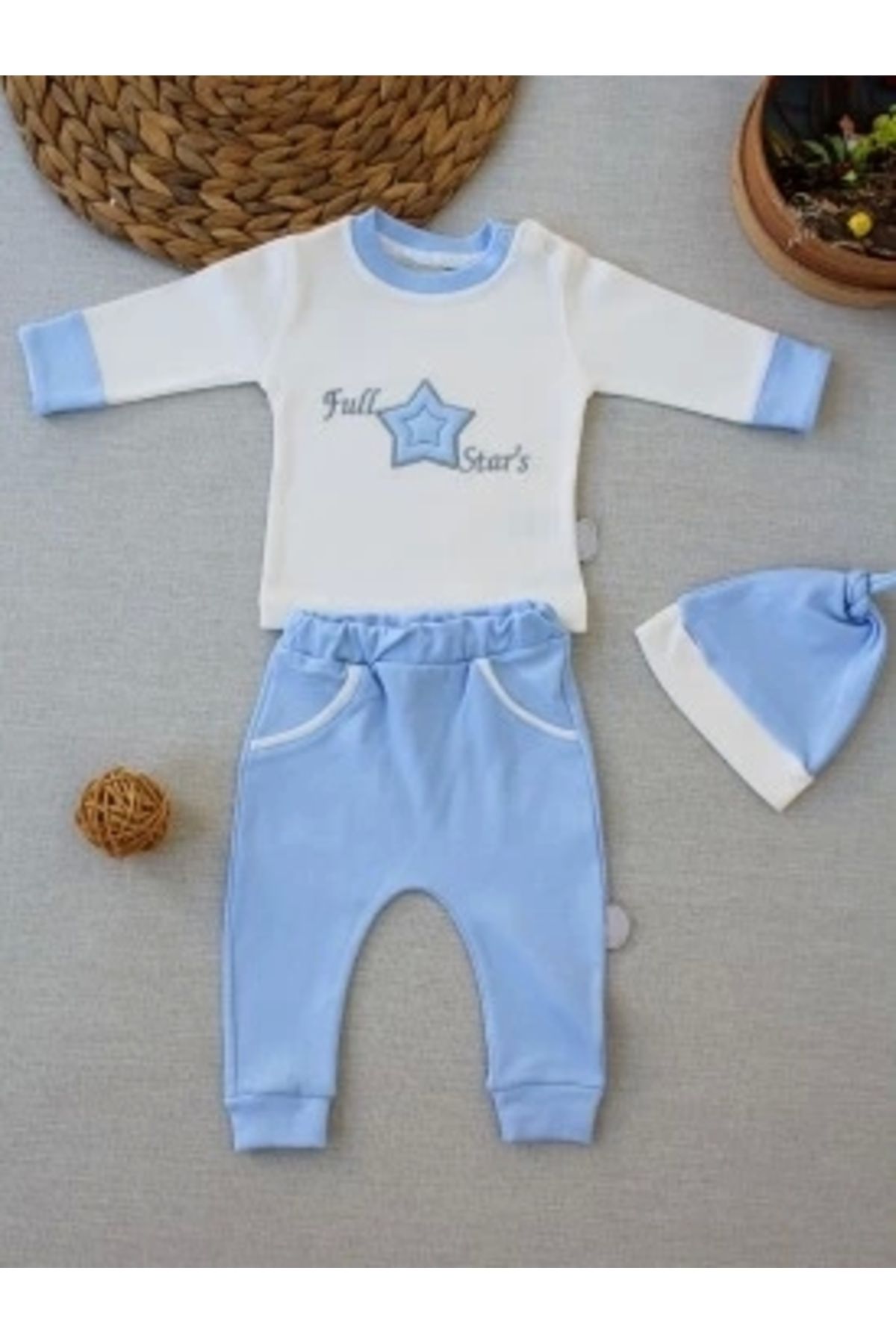 Diji Baby 3-6 6-9 9-12 Ay Full Star Nakışlı Şapkalı Uzun Kollu Sweat 3lü Erkek Bebek Takımı