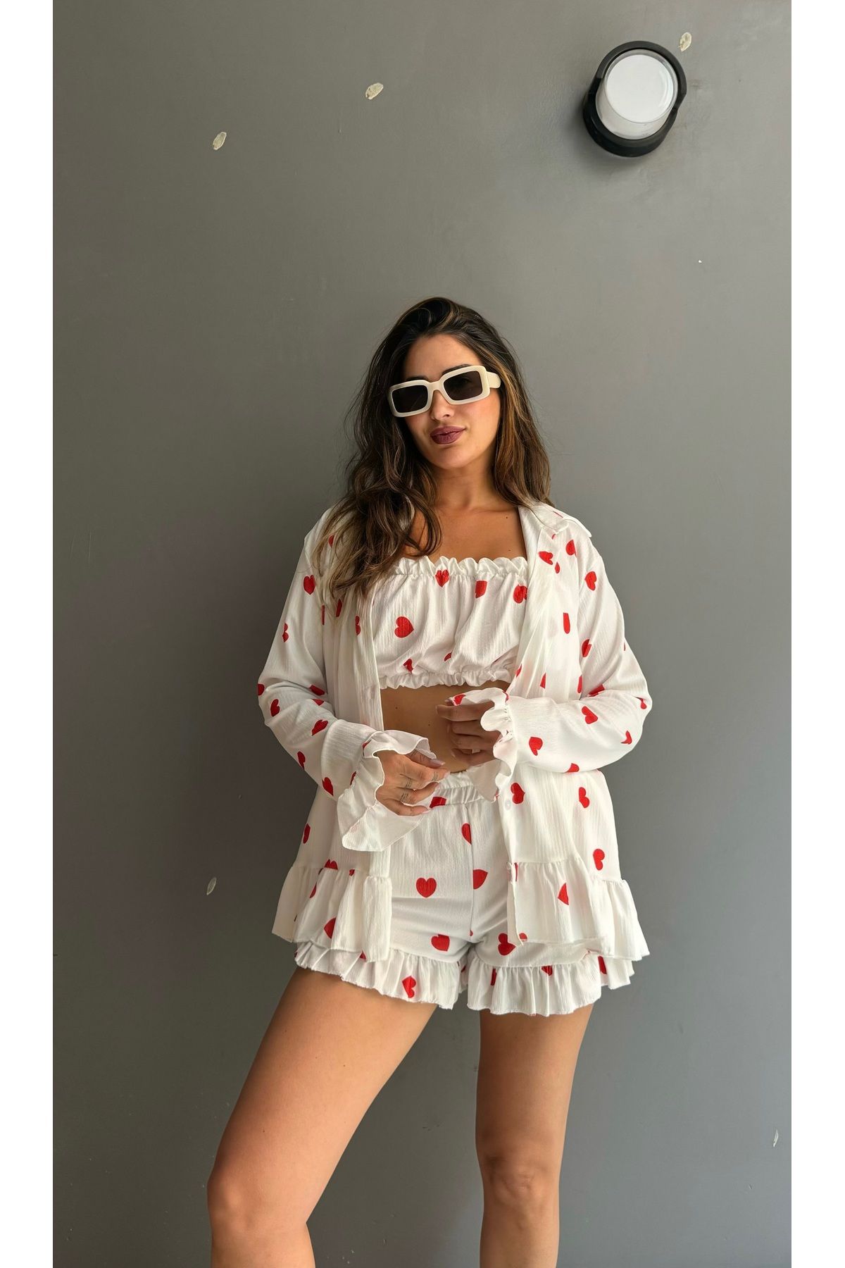 Butik Kalpli gömlek büstiyer şort üçlü takım