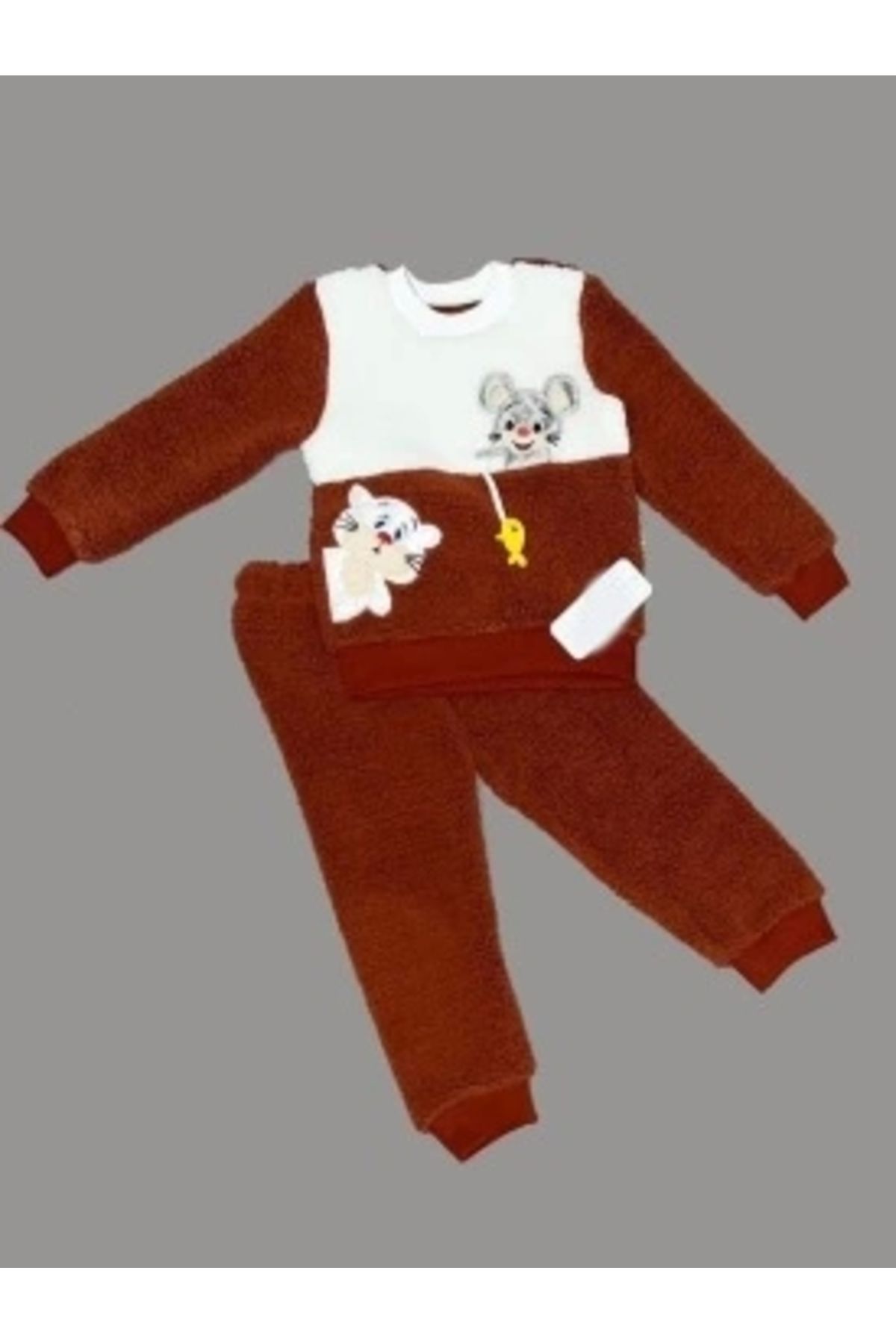Diji Baby 1-2-3 Yaş Sallanan Balık Nakışlı Kuzu Kumaş Sweat Pantolon Uzun Kollu Kız Erkek 2 Li Takımı