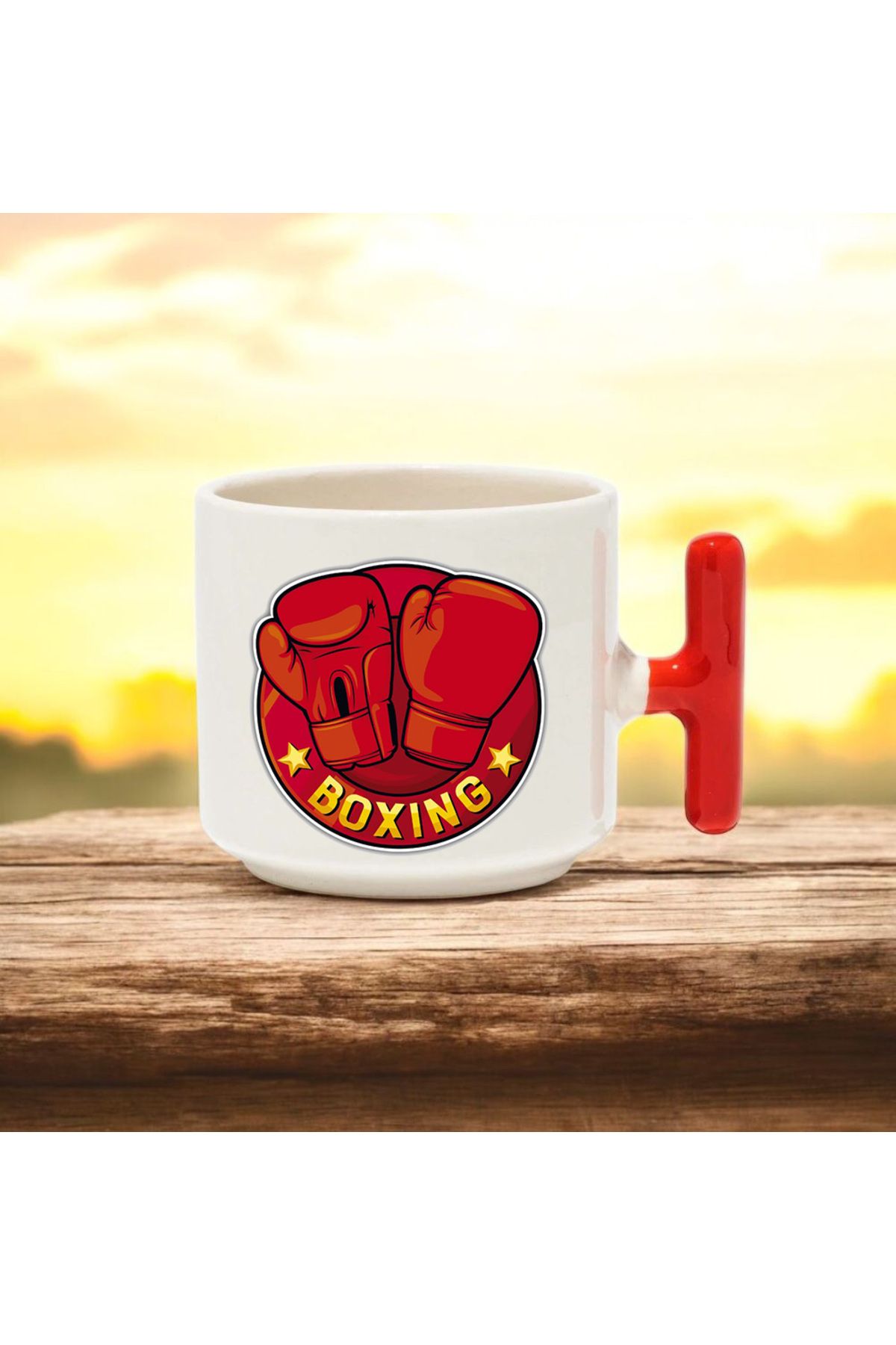 BB TRADE Boxing Tasarımlı Kırmızı T Kulplu Seramik Baskılı Kupa Bardak 250 ML
