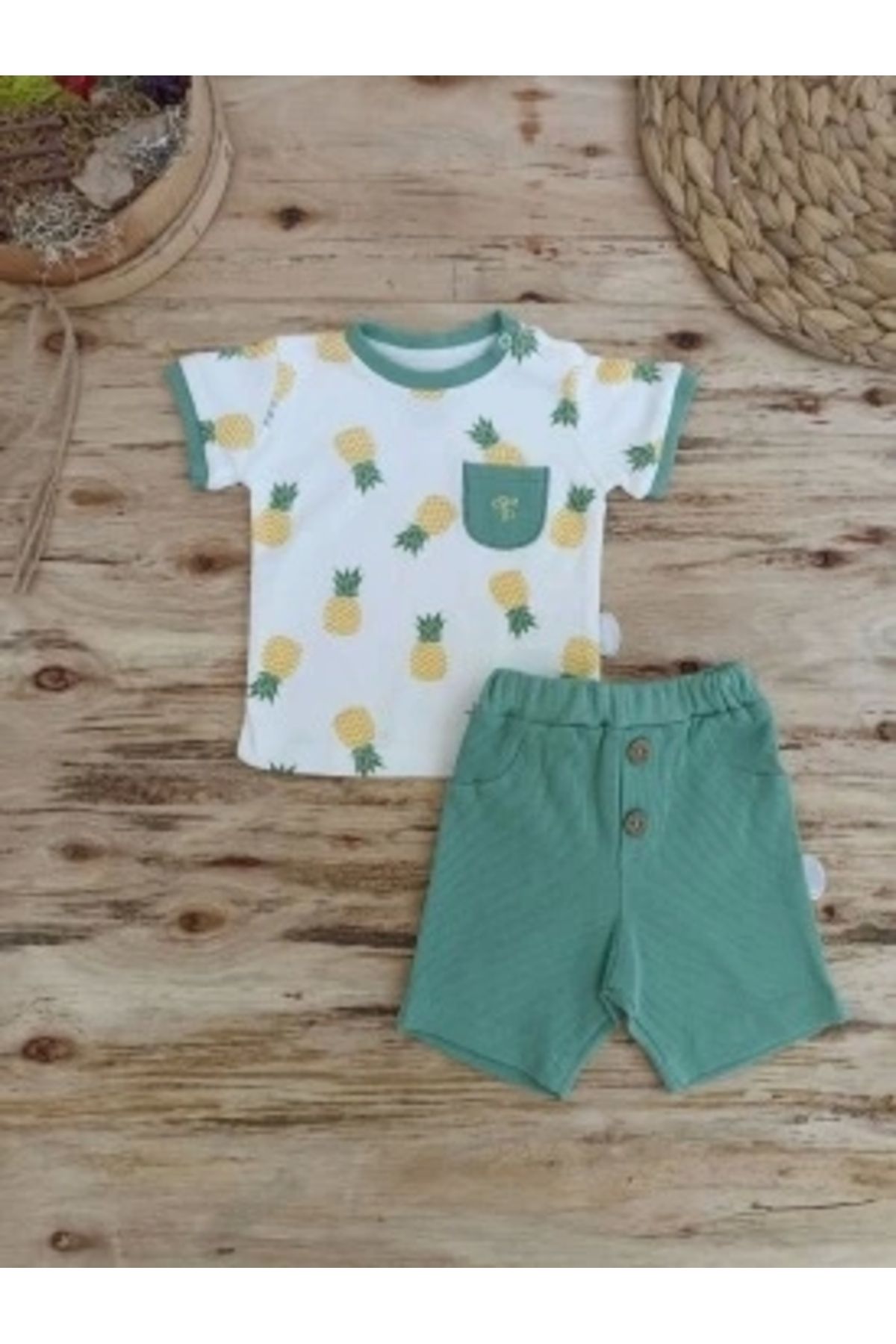 Diji Baby 3-6 6-9 9-12 Ay Ananas Baskılı Şort Tişört 2 Li Kız Erkek Bebek Takımı