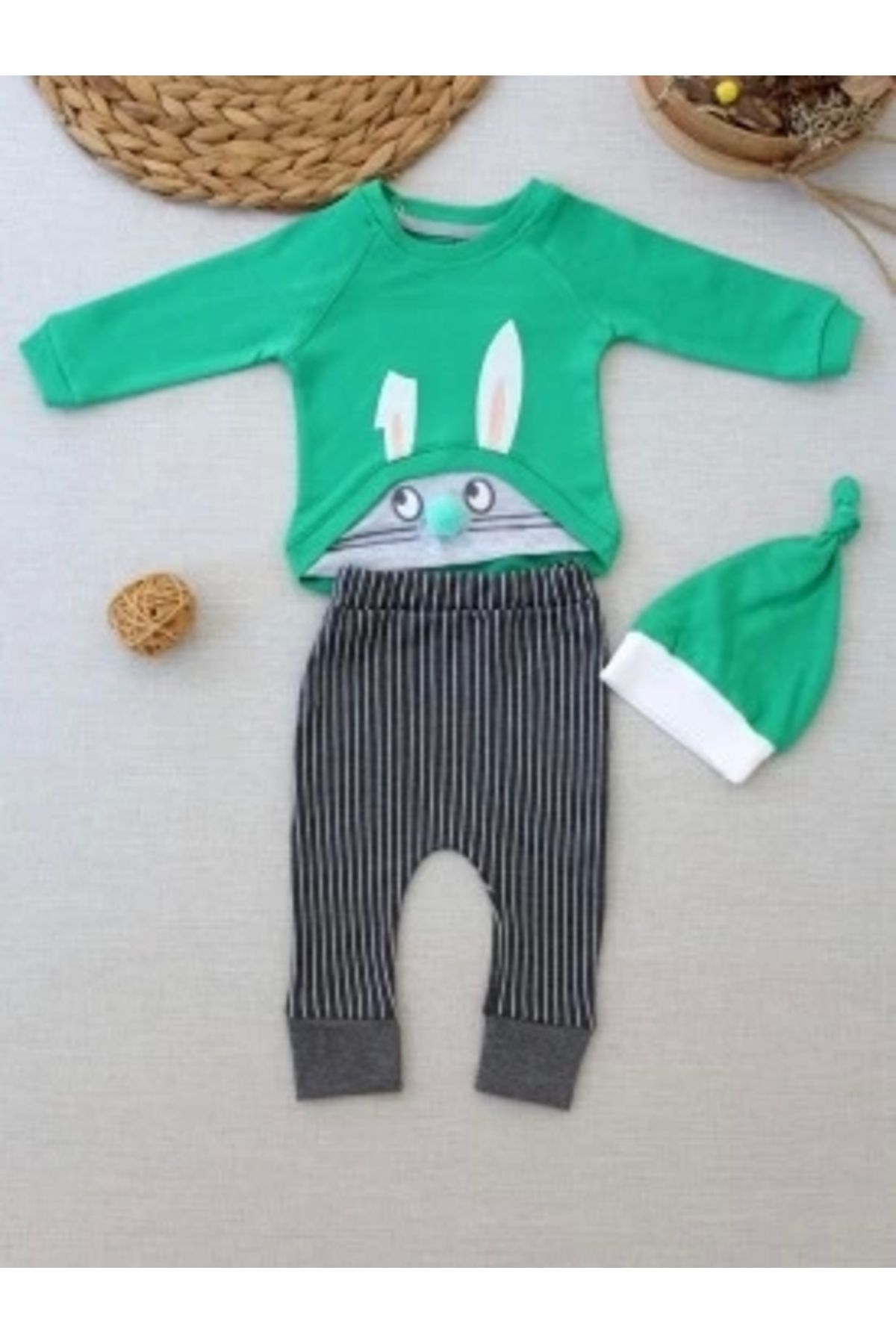 Diji Baby 3-6 6-9 9-12 Ay Şımarık Tavşan Nakışlı Şapkalı Uzun Kollu Sweat 3lü Kız-erkek Bebek Takımı