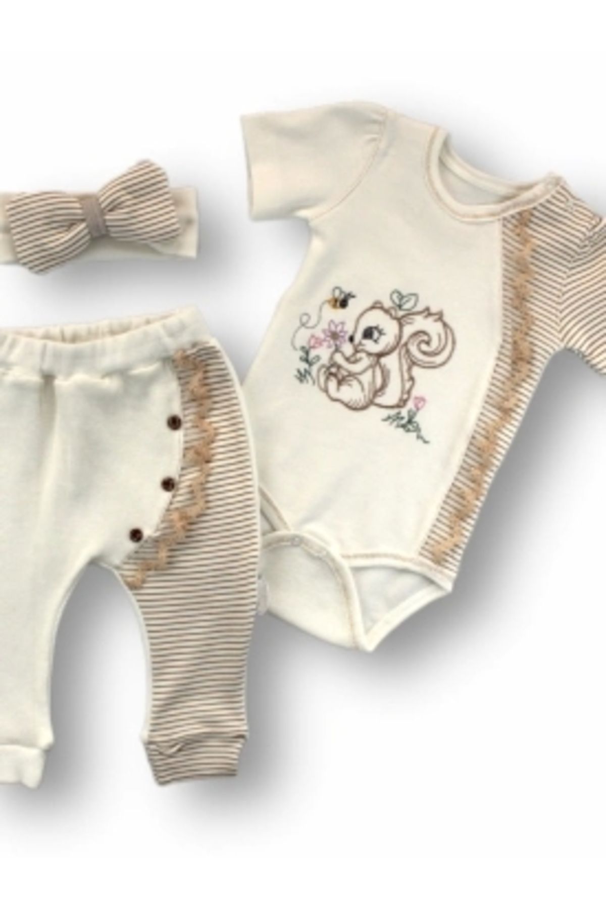 Diji Baby 3-6 6-9 9-12 Ay Minik Sincap Nakışlı Şapkalı Kısa Kollu Zıbınlı 3lü Kız Bebek Takımı