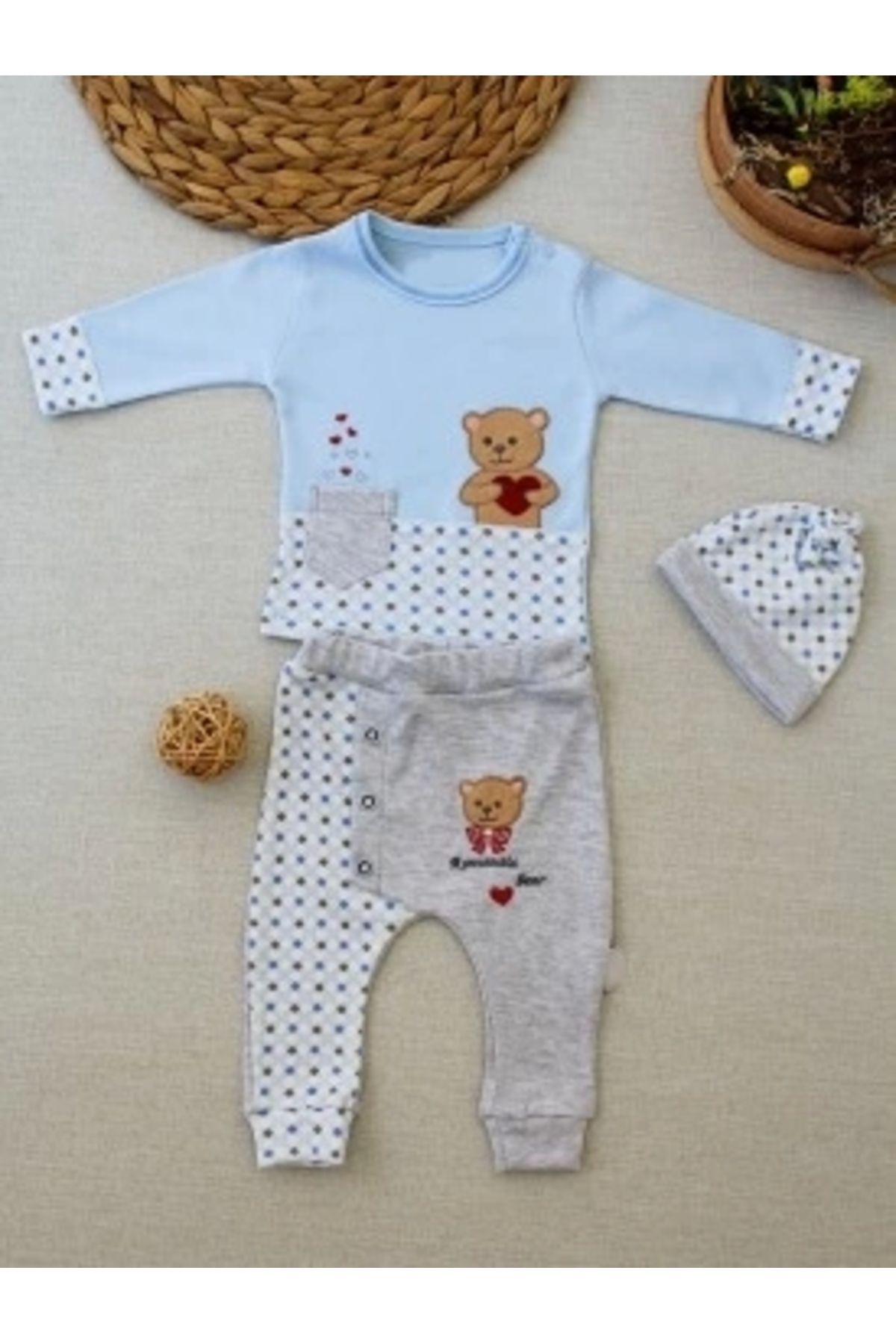 Diji Baby 3-6 9-12 12-18 Ay Romantik Ayıcık Nakışlı Şapkalı Uzun Kollu Sweatli 3lü Kız-erkek Bebek Takımı