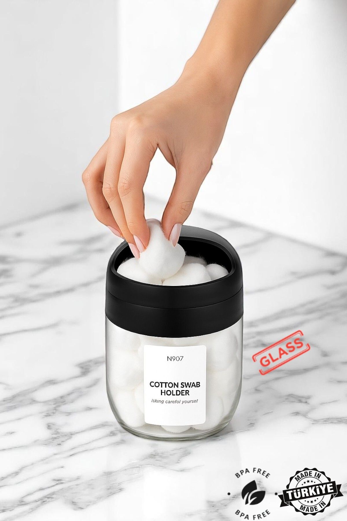 MUF HOME Lüx Pamukluk Makyaj Temizleme Pamuğu Organizeri Cam Kulak Pamuğu & Makyaj Pamuğu & Pamukluk 425 ml
