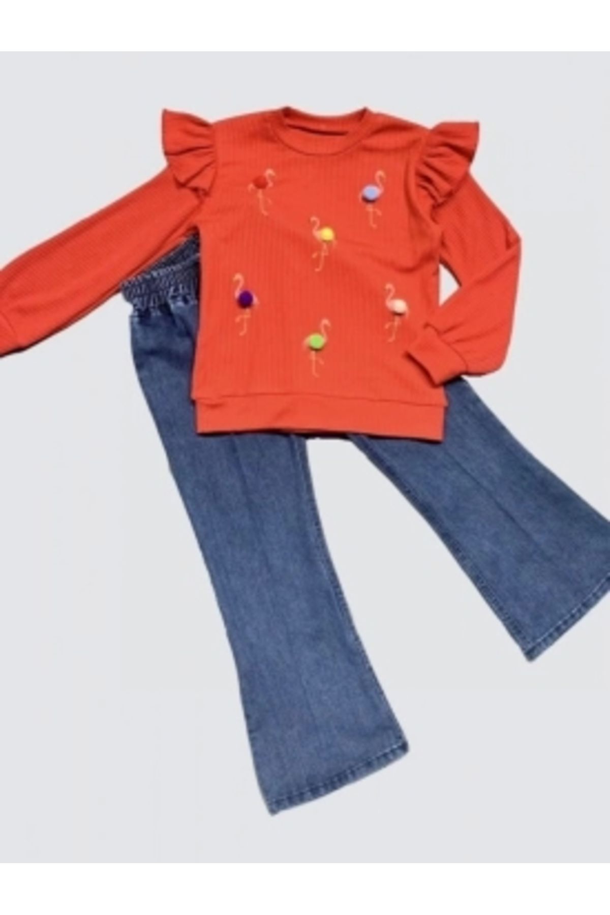 Diji Baby 4-5-6 Yaş Kot Pantolonlu Flamingo Desenli Penye Sweat Uzun Kollu 2li Kız Çocuk Takımı