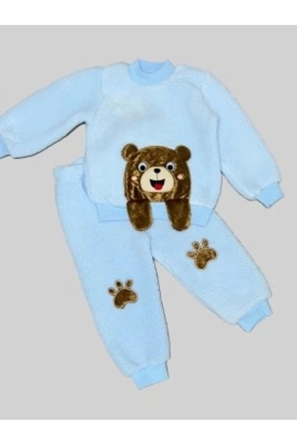 Diji Baby 1-2-3 Yaş Sallanan El Ayıcıklı Kuzu Kumaş Sweat Patili Pantolon Uzun Kollu Kız Erkek 2 Li Takımı