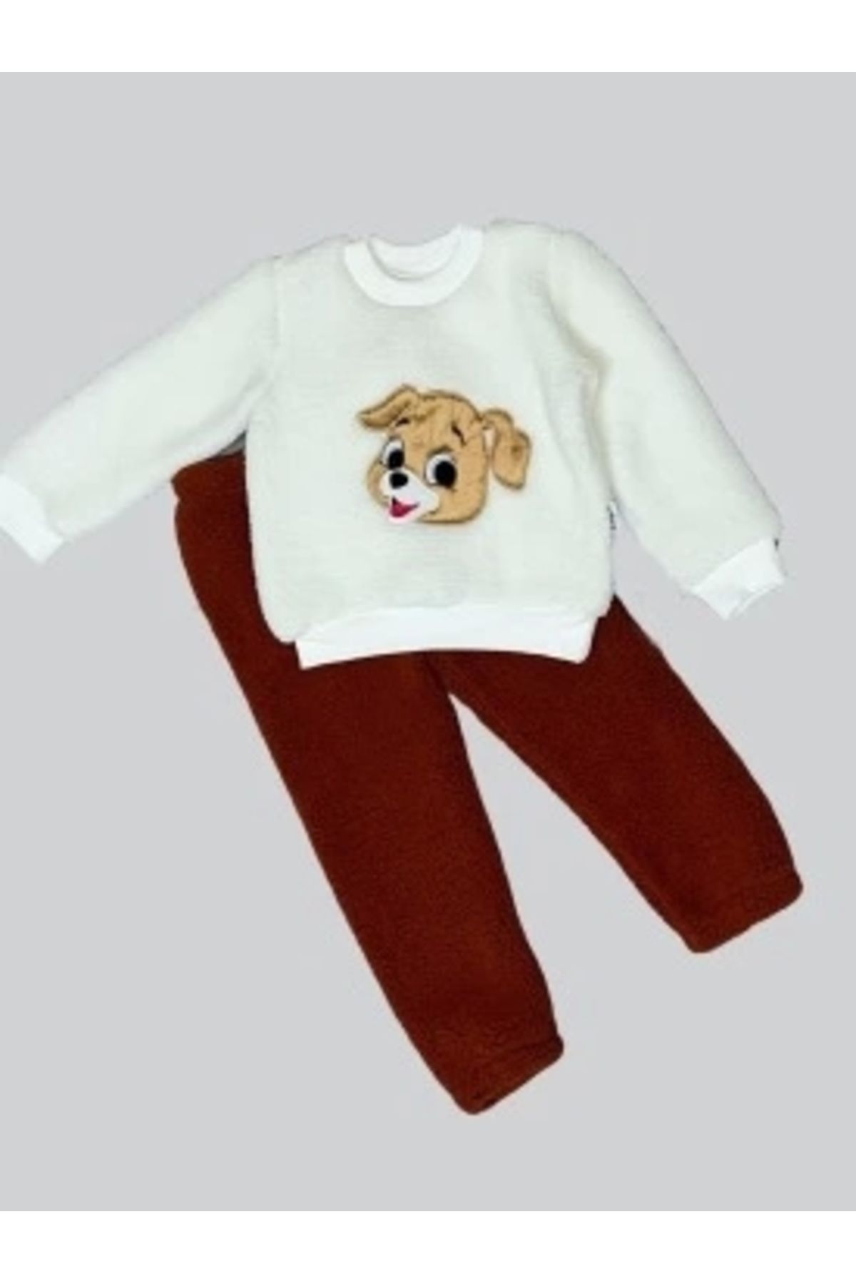 Diji Baby 1-2-3 Yaş Mutlu Köpekcik Nakışlı Kuzu Kumaş Sweat Patili Pantolon Uzun Kollu Kız Erkek 2 Li Takımı