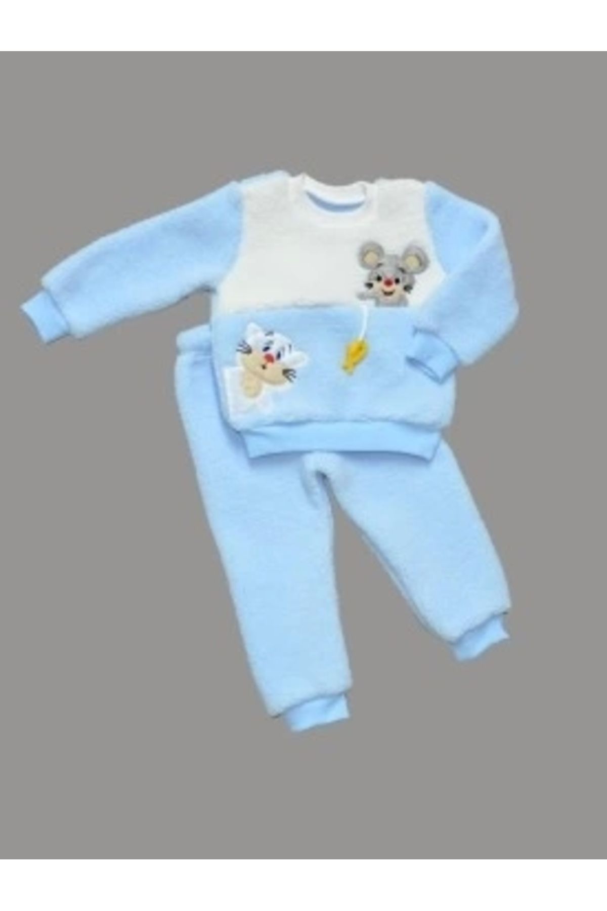 Diji Baby 1-2-3 Yaş Sallanan Balık Nakışlı Kuzu Kumaş Sweat Pantolon Uzun Kollu Kız Erkek 2 Li Takımı